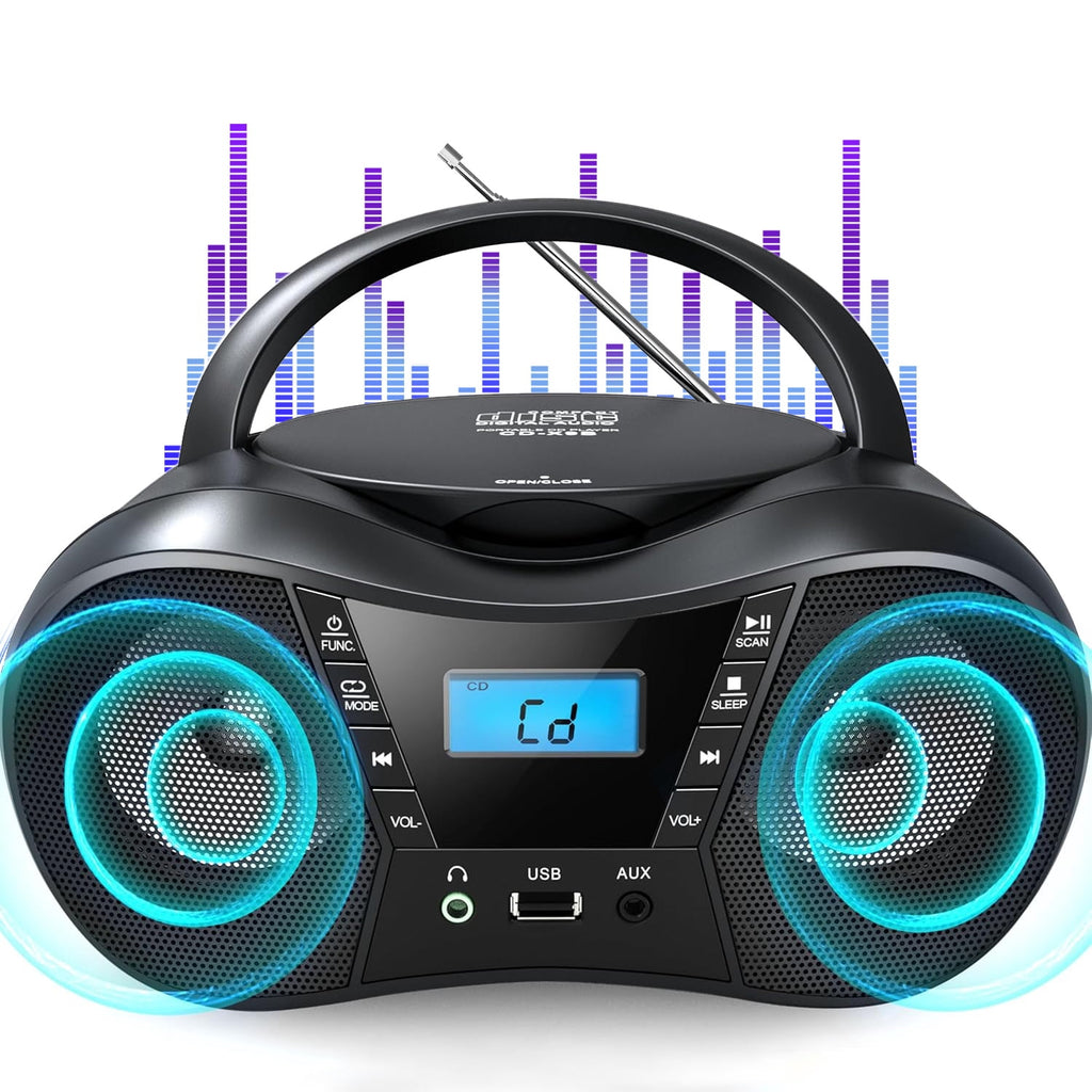 Prociv CD Player Boombox with FM Radio,Bluetooth 5.1,Clear Sound,LCD Display,USB/AUX Input,AC/Battery Powered,CD/CD-R/CD-RW Compatible,3.5mm Headphone Jack,Sleep Timer for Home,Seniors,Kids Black