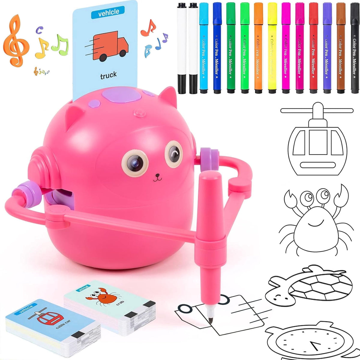 Drawing Robot for Kids, Interactive Educational Drawing Robot with Voice Interaction, Magic Painting Robot Toy with 100 Word Cards & 16 Color Pens for Girls and Boys Age 3+ (Pink)