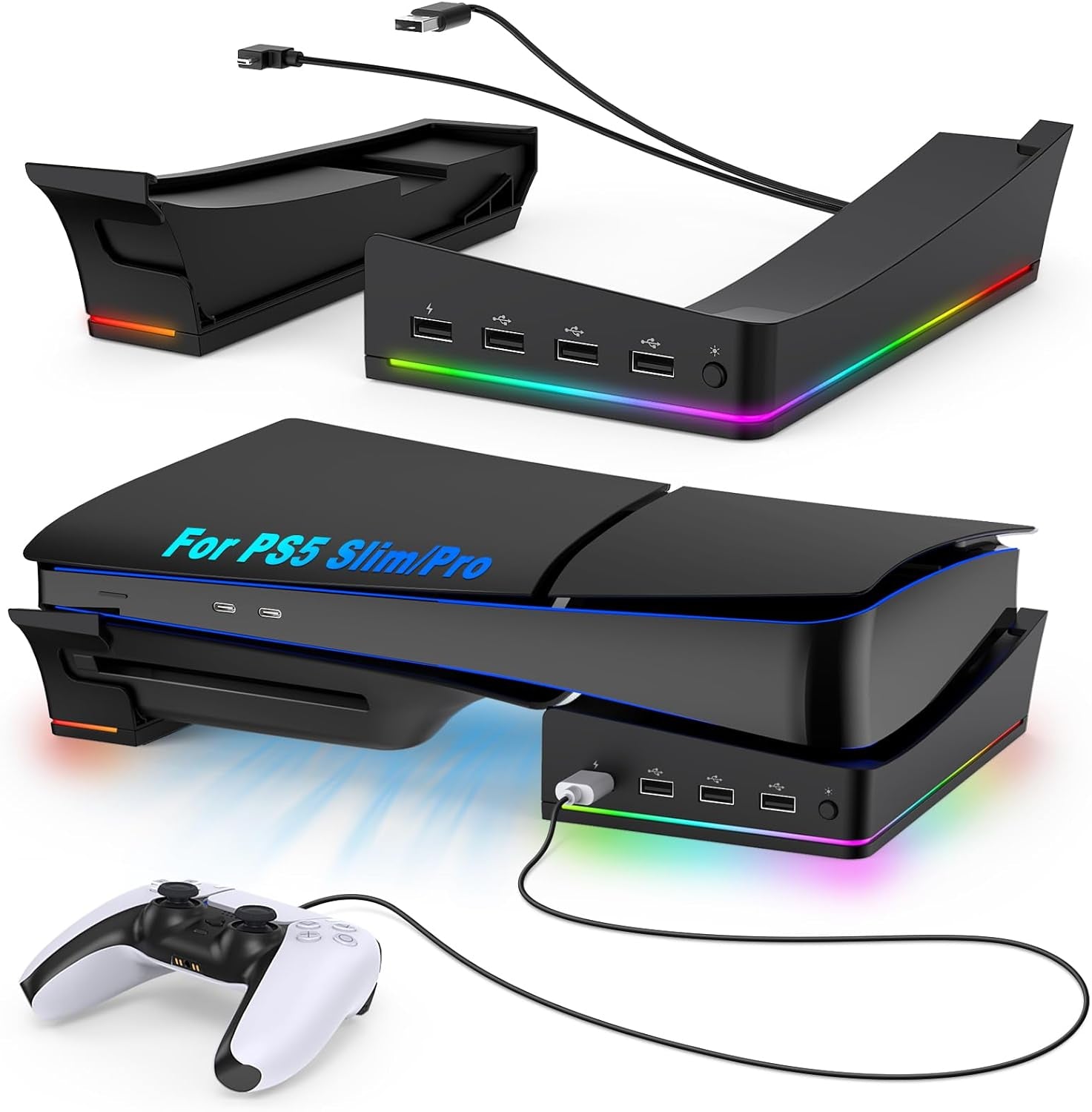 RGB Horizontal Stand for PS5 Pro / Slim Console Accessories with 14 Light Mode and 4 USB Hubs, Side Stand for Playstation 5 Pro / Slim Disc & Digital, Base Holder with Fast Charging, Black