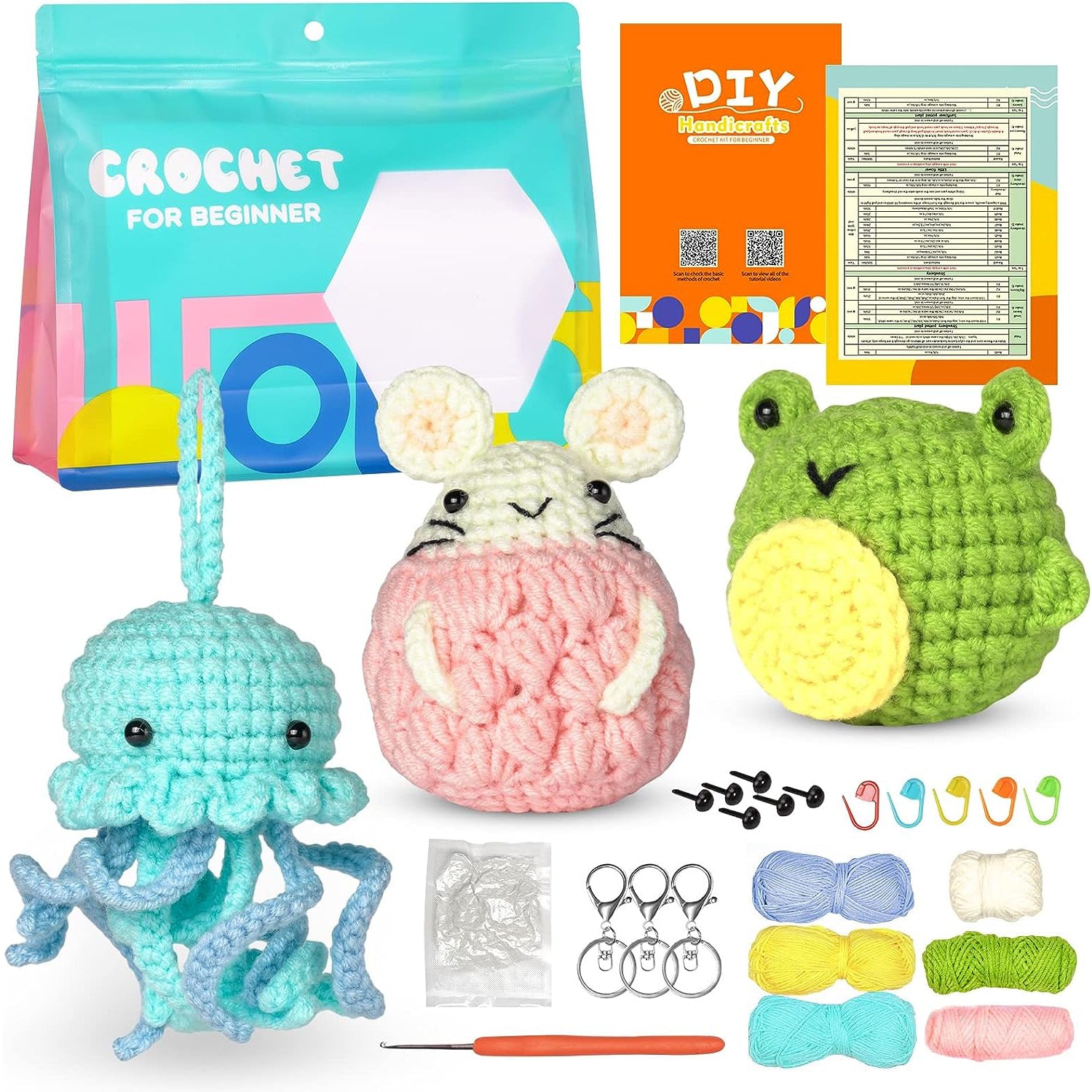 Wiher Crochet Kit for Beginners, Crochet Starter Kit for Adults and Kids Complete Knitting Kit to Make 3 PCS Animals, Learn to Crochet with Step-by-Step Instruction and Video