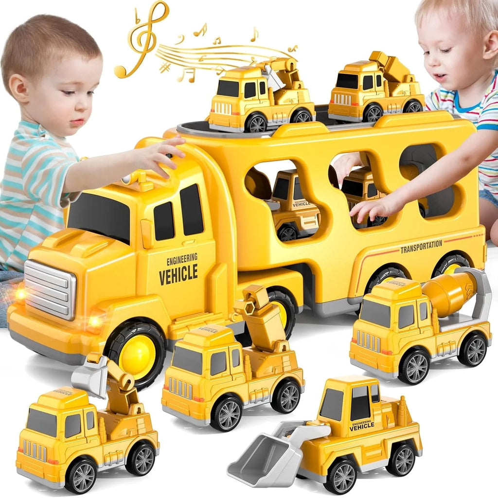LC-dolida 5 in 1 Construction Car Carrier Truck Toys for 3 4 5 6 Year Old Boys, Friction Power Cars with Excavator,Bulldozer,Crane,Cement tanker, Christmas Birthday Boys for Boys Age 3-9