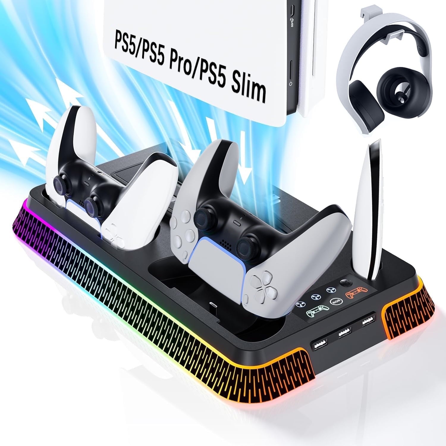 PS5/Pro/Slim Stand for Cooling Station, Controller Charging Station for PlayStation 5 Console, PS5 Stand Controller Charger for with 3 Levels Cooling Fan, Headset Holder for PS5 Digital/Disc