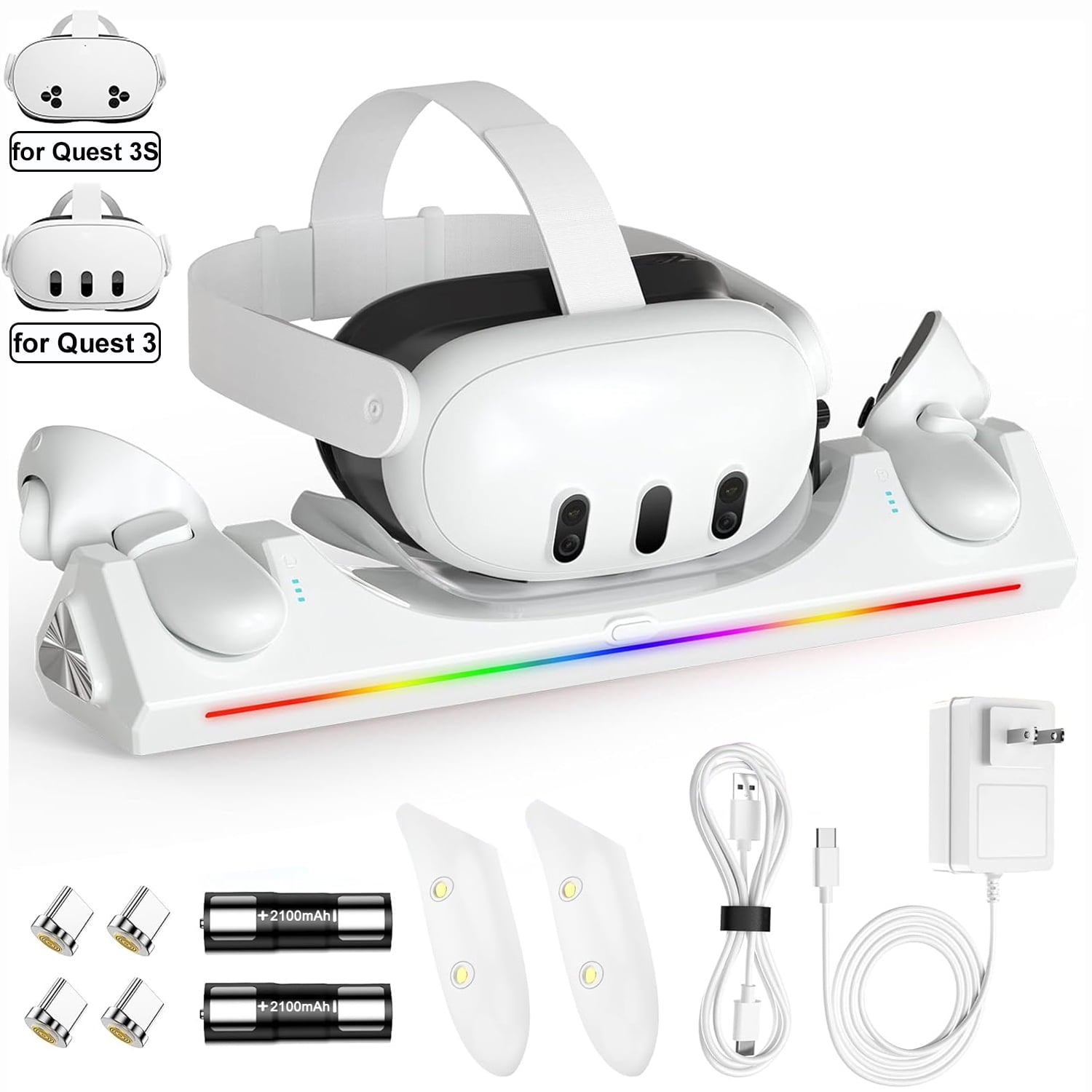 VR Charging Dock for Meta Quest 3/3S with RGB LED Light, Magnetic Charging Station for Oculus Quest 3 VR Headset and Touch Controllers, with 2 Rechargeable 2100mAh Batteries/USB-C Charger Cable