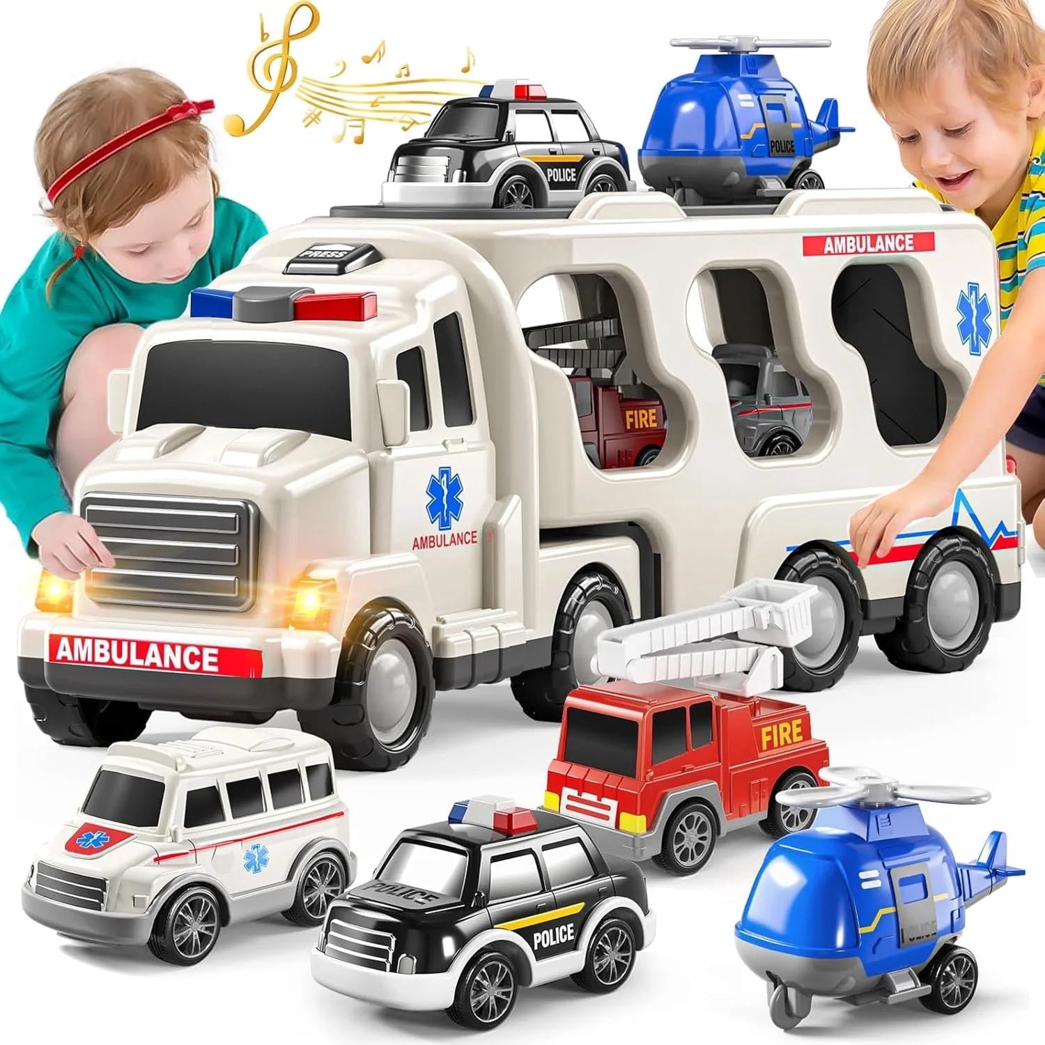 5 in 1 Emergency Rescue Vehicle Carrier Truck Toys for 3-6 Year Old Boys, Friction Power Cars with Rescue Helicopter, Police Car, Fire Truck, Ambulance Car, Christmas Birthday Gifts for Girls Age 3-9