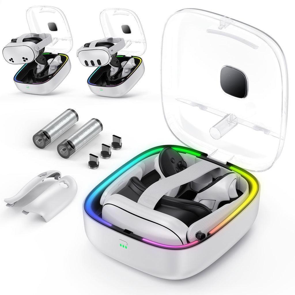 Portable Charging Storage Case for Meta Quest 3/Quest 3S with RGB LED Light, Charging Dock for Quest 3 Accessories, Magnetic Charging Station for Meta Quest 3 VR Headset with 2 Batteries