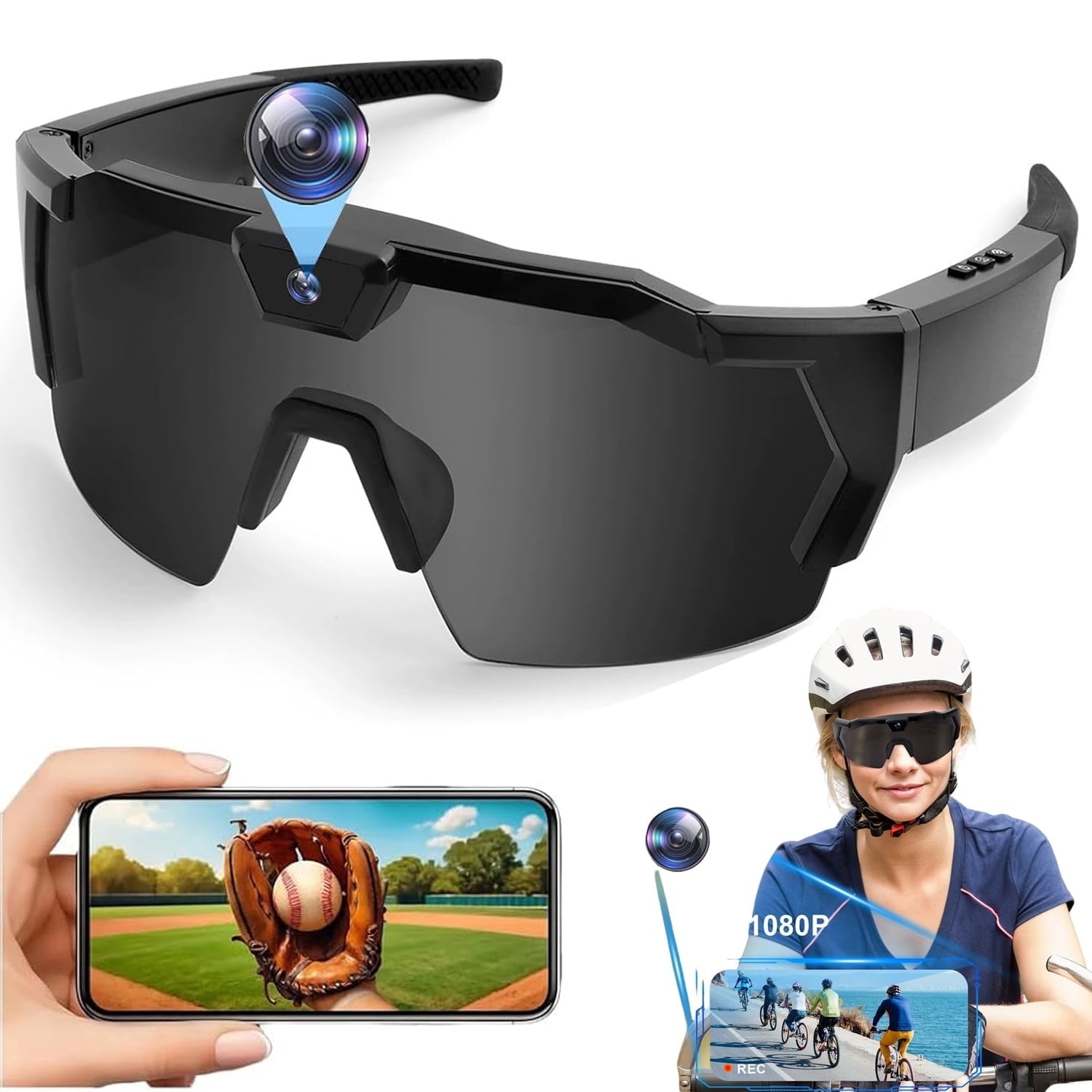 Wiher Smart Camera Glasses, Outdoor Sports Glasses HD Recording Video, Cycling Action Sunglasses, Wearable Audio Take a Picture Wireless Photography Shooting VCR，Suitable for Men and Women(Black)