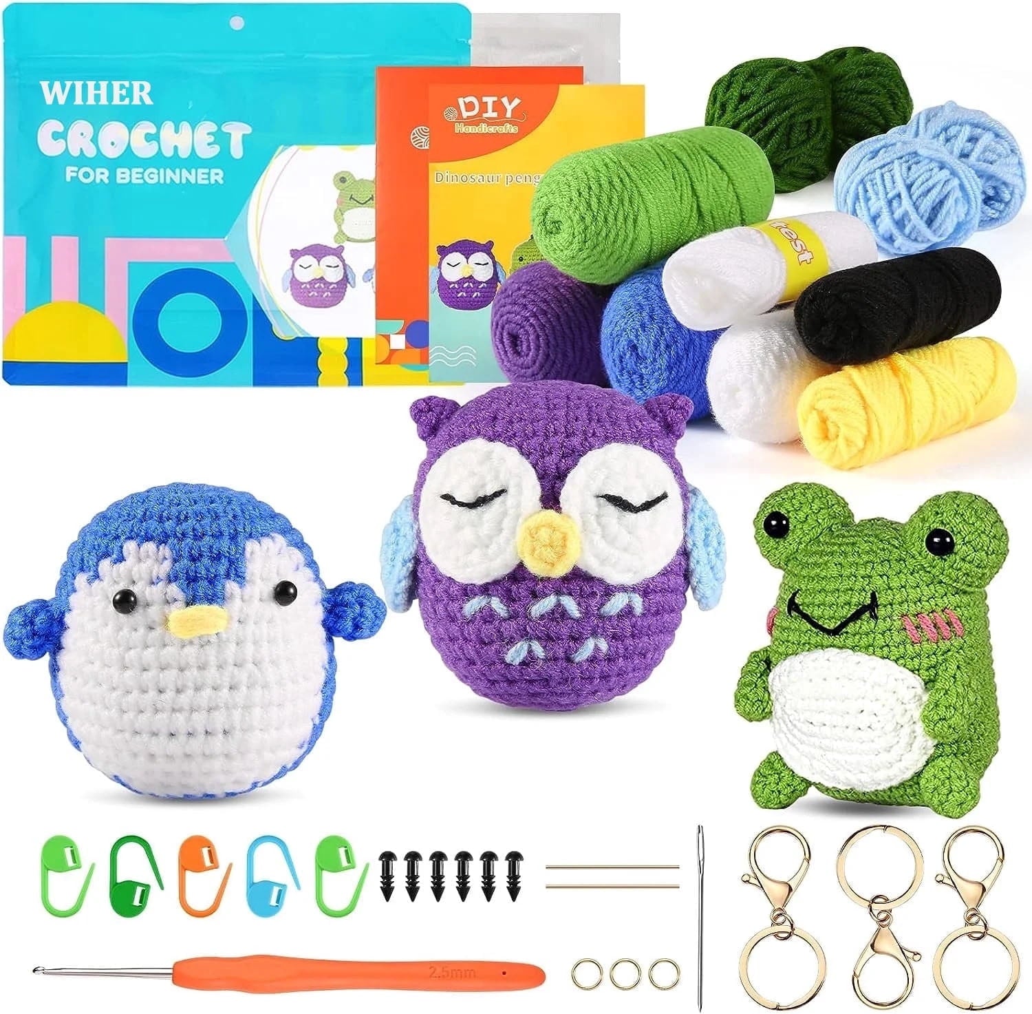 Wiher Crochet Kit for Beginners, Crochet Starter Kit for Adults and Kids Complete Knitting Kit to Make 3 PCS Animals, Learn to Crochet with Step-by-Step Instruction and Video (Penguin+Frog+Owl)