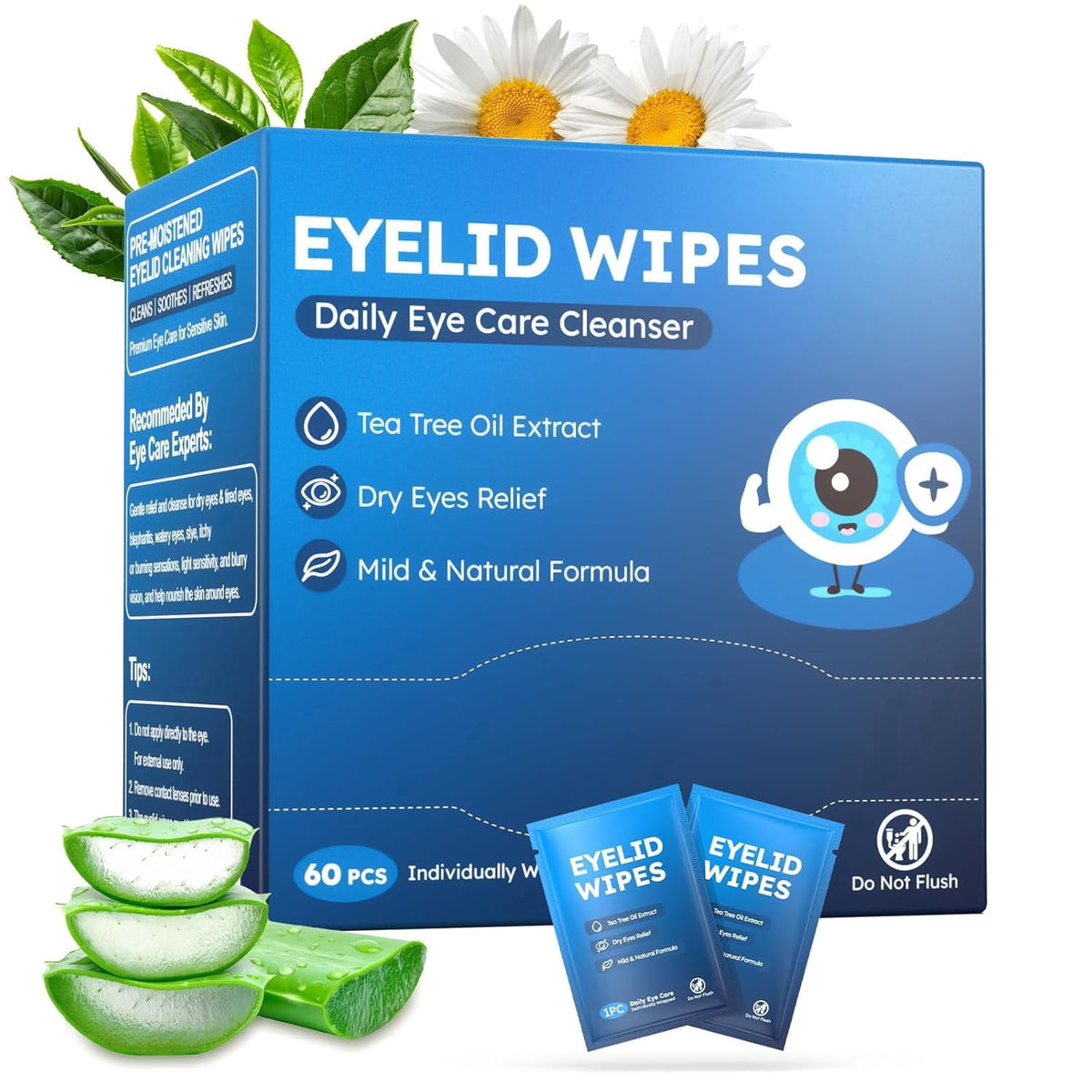 60PCS Tea Tree Oil Eyelid Wipes,Individually Wrapped Eye Lid Cleaning Wipes，Soothing For Sensitive Eyes, Stay Hydrated Lid Wipe