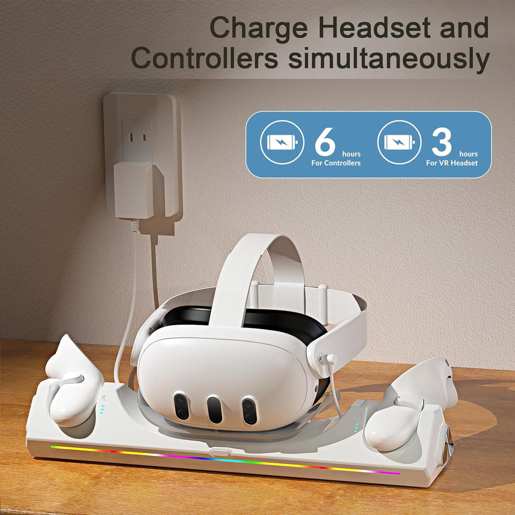 VR Charging Dock for Meta Quest 3/3S with RGB LED Light, Magnetic Charging Station for Oculus Quest 3 VR Headset and Touch Controllers, with 2 Rechargeable 2100mAh Batteries/USB-C Charger Cable