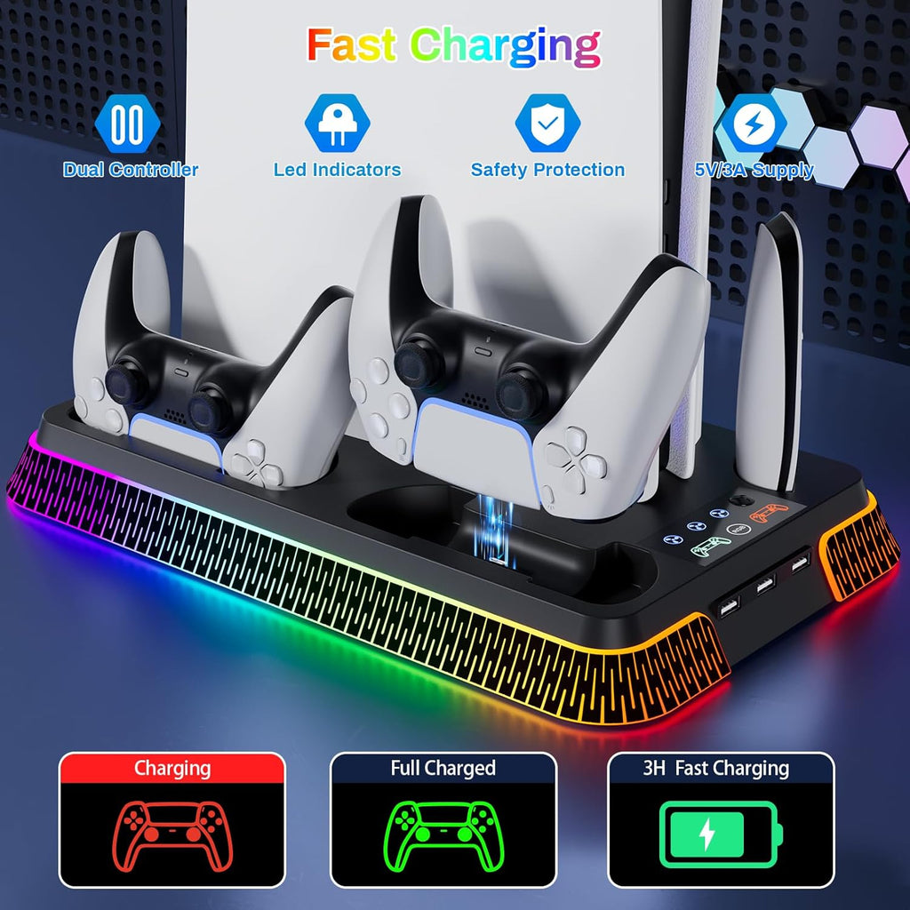 PS5/Pro/Slim Stand for Cooling Station, Controller Charging Station for PlayStation 5 Console, PS5 Stand Controller Charger for with 3 Levels Cooling Fan, Headset Holder for PS5 Digital/Disc