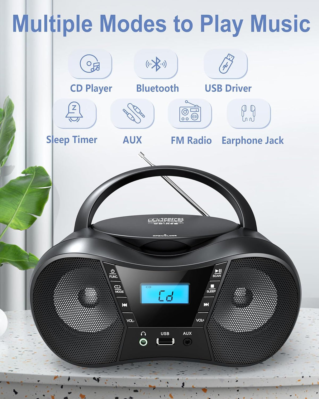 Prociv CD Player Boombox with FM Radio,Bluetooth 5.1,Clear Sound,LCD Display,USB/AUX Input,AC/Battery Powered,CD/CD-R/CD-RW Compatible,3.5mm Headphone Jack,Sleep Timer for Home,Seniors,Kids Black