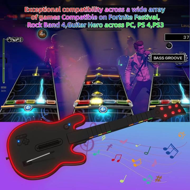 Wireless Guitar Controller Compatible with P S4/P S3/PC, Wireless Guitar Remote with Strap/RGB Light for Guitar Hero,Rock Band Games,Sleek Black