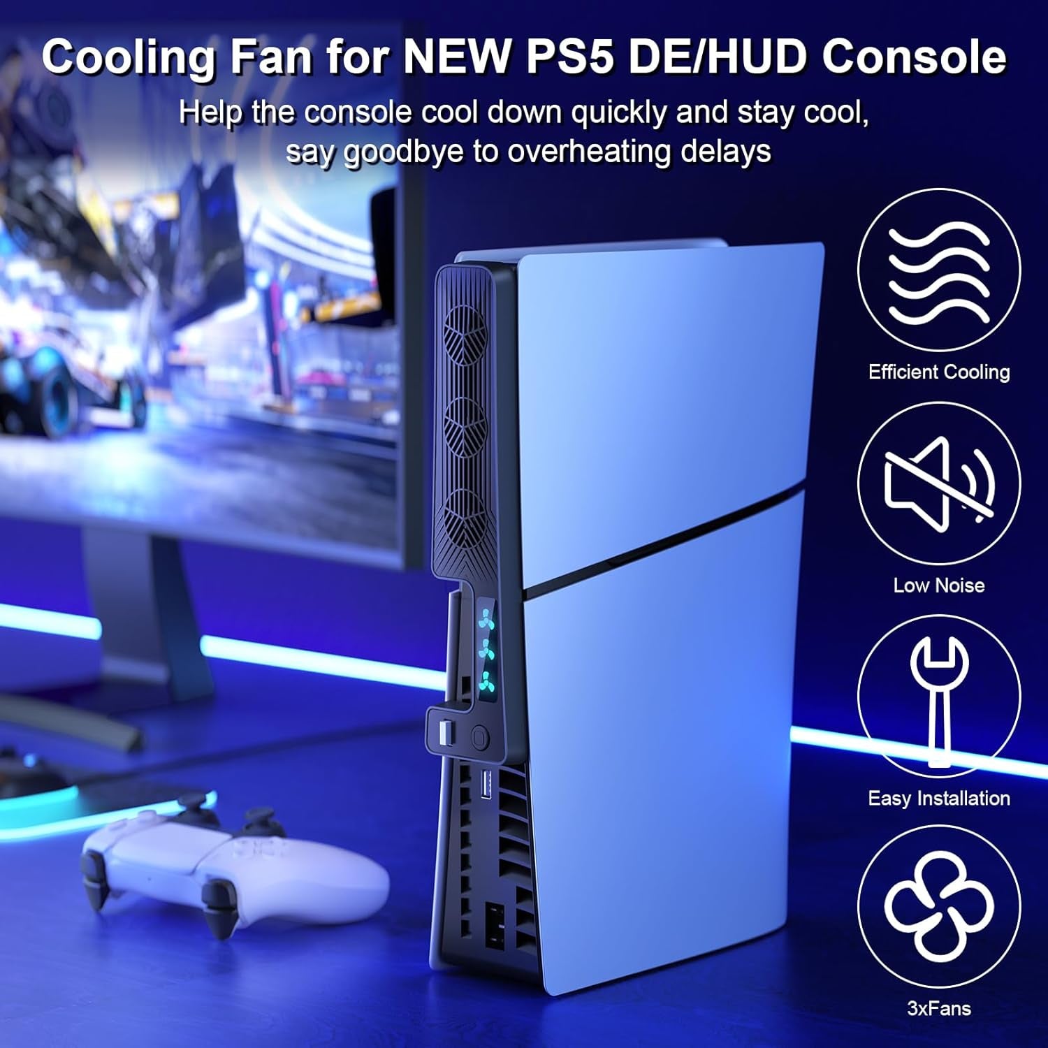 PS5 Slim Cooling Fan, Prociv New Playstation 5 Slim Console Accessories Cooler with USB Port and 3 Adjustable Quiet 9500-Speed Fans, PS5 Slim Digital/Disc Edition System Black