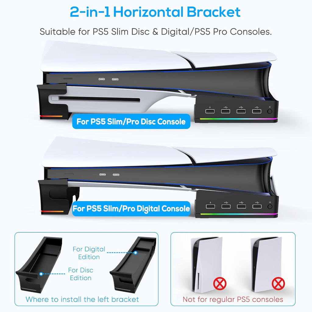 RGB Horizontal Stand for PS5 Pro / Slim Console Accessories with 14 Light Mode and 4 USB Hubs, Side Stand for Playstation 5 Pro / Slim Disc & Digital, Base Holder with Fast Charging, Black