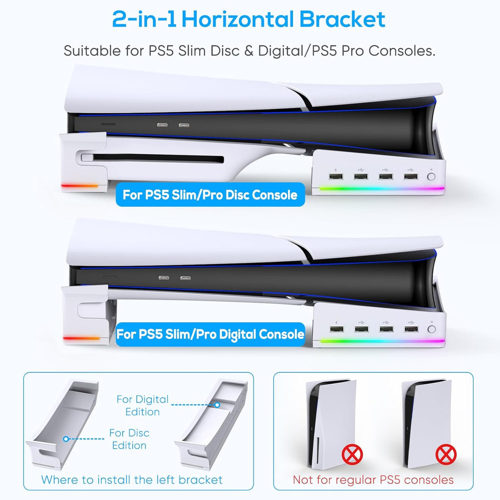 RGB Horizontal Stand for PS5 Pro / Slim Console Accessories with 14 Light Mode and 4 USB Hubs, Side Stand for Playstation 5 Pro / Slim Disc & Digital, Base Holder with Fast Charging, White