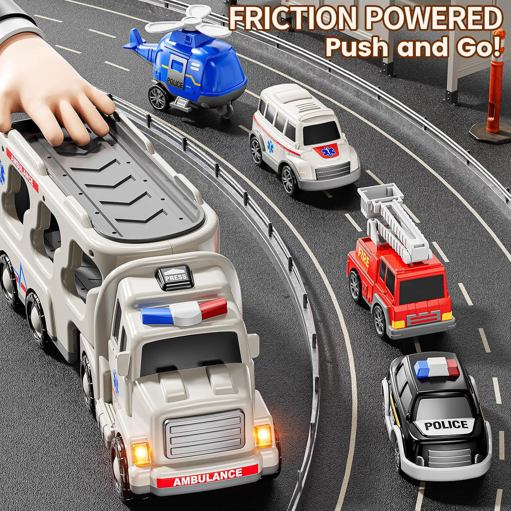 5 in 1 Emergency Rescue Vehicle Carrier Truck Toys for 3-6 Year Old Boys, Friction Power Cars with Rescue Helicopter, Police Car, Fire Truck, Ambulance Car, Christmas Birthday Gifts for Girls Age 3-9