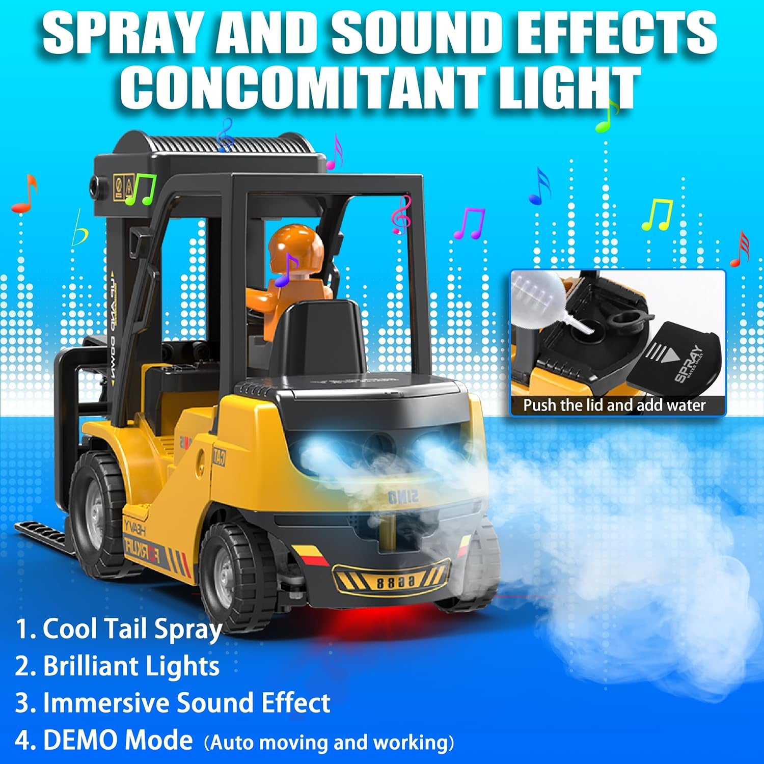 RC Forklift Truck, Remote Control Crane, Full Function Forklift RC Construction Toys Car, 2 Batteries, Spray, Light, Fork Crane Truck Toy Gift for Kids 6+