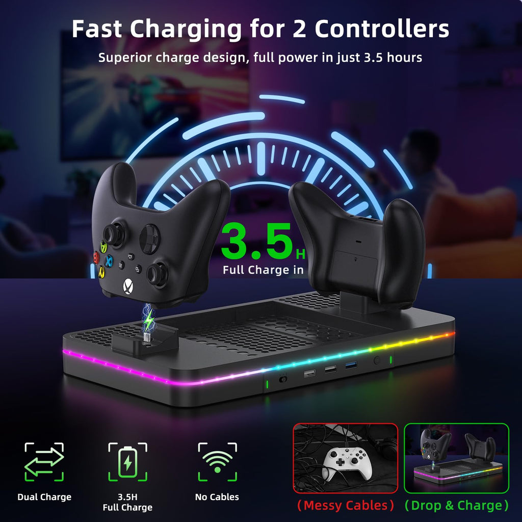Charging Stand with Cooling Fan, Vertical Stand Compatible with Xbox Series X/S Console&Controller, Dual Controller Charger Station Dock with 3 USB Ports, Black