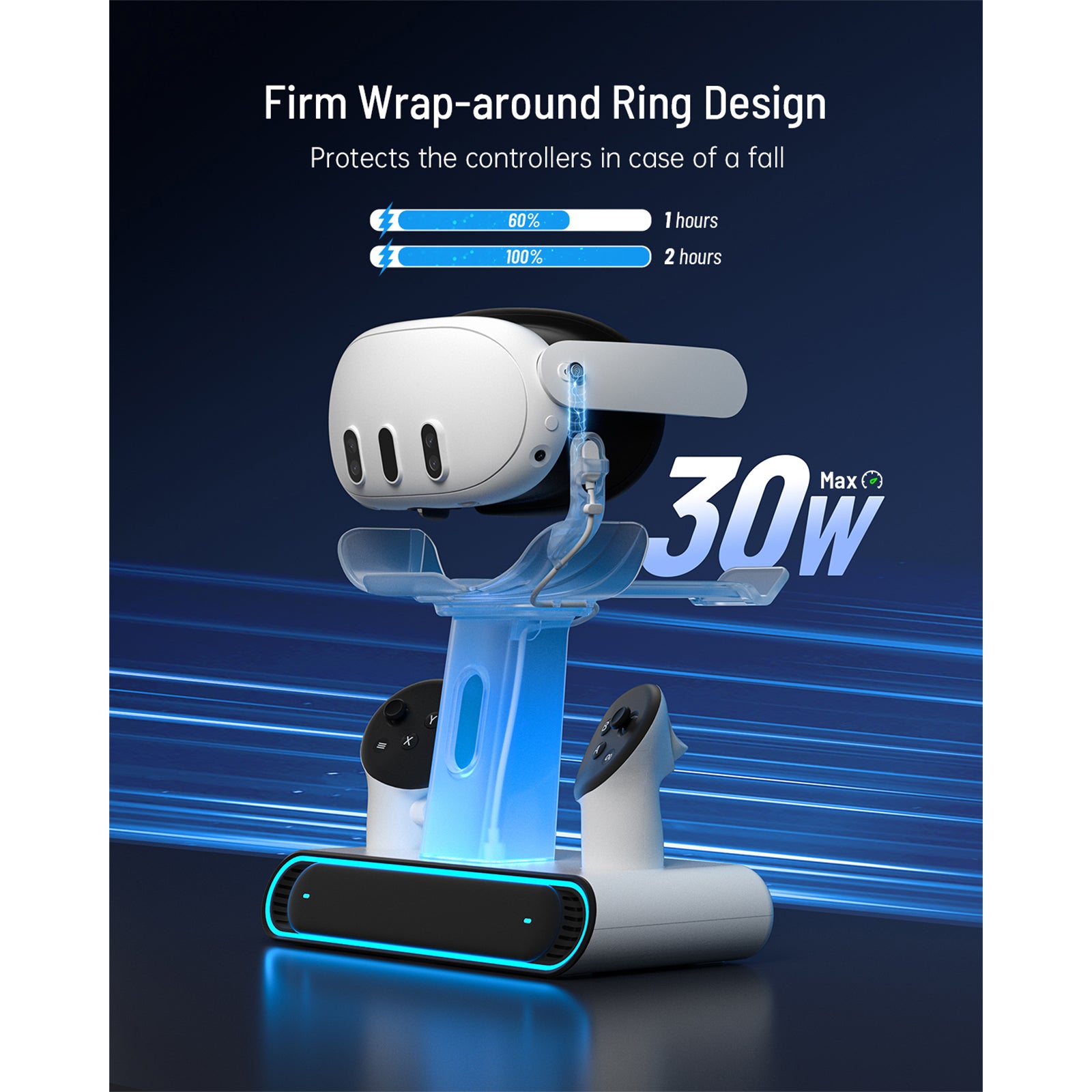VR Charging Dock for Meta Quest 3/Quest 3S, Fast Charging Station with RGB 2 Rechargeable Batteries for Oculus Quest 3 Accessories, VR Headset Holder Stand & Controller Mount