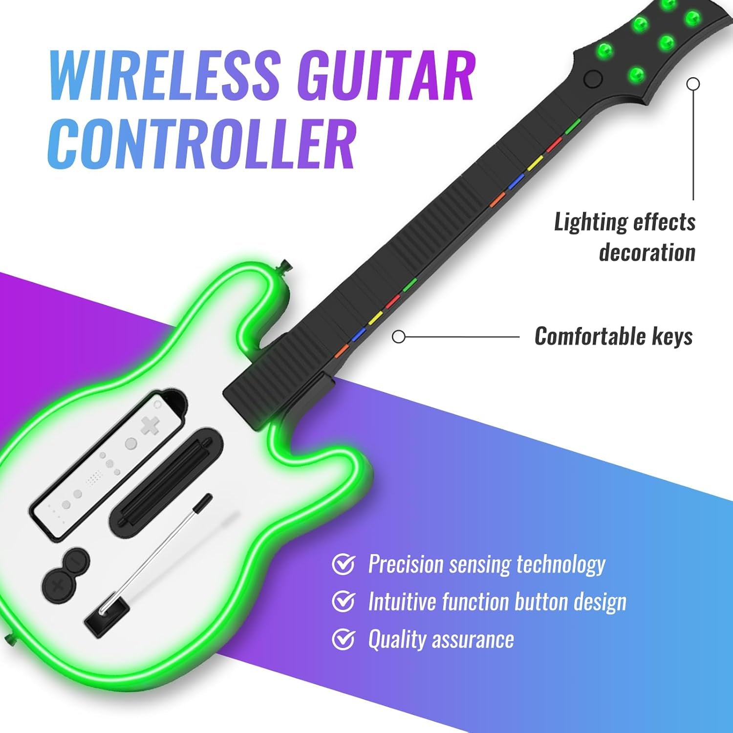 Guitar Controller Compatible with Nintendo Wii, Guitar Remote with Strap/RGB Light for Guitar Hero,Rock Band 2, Legends of Rock Black
