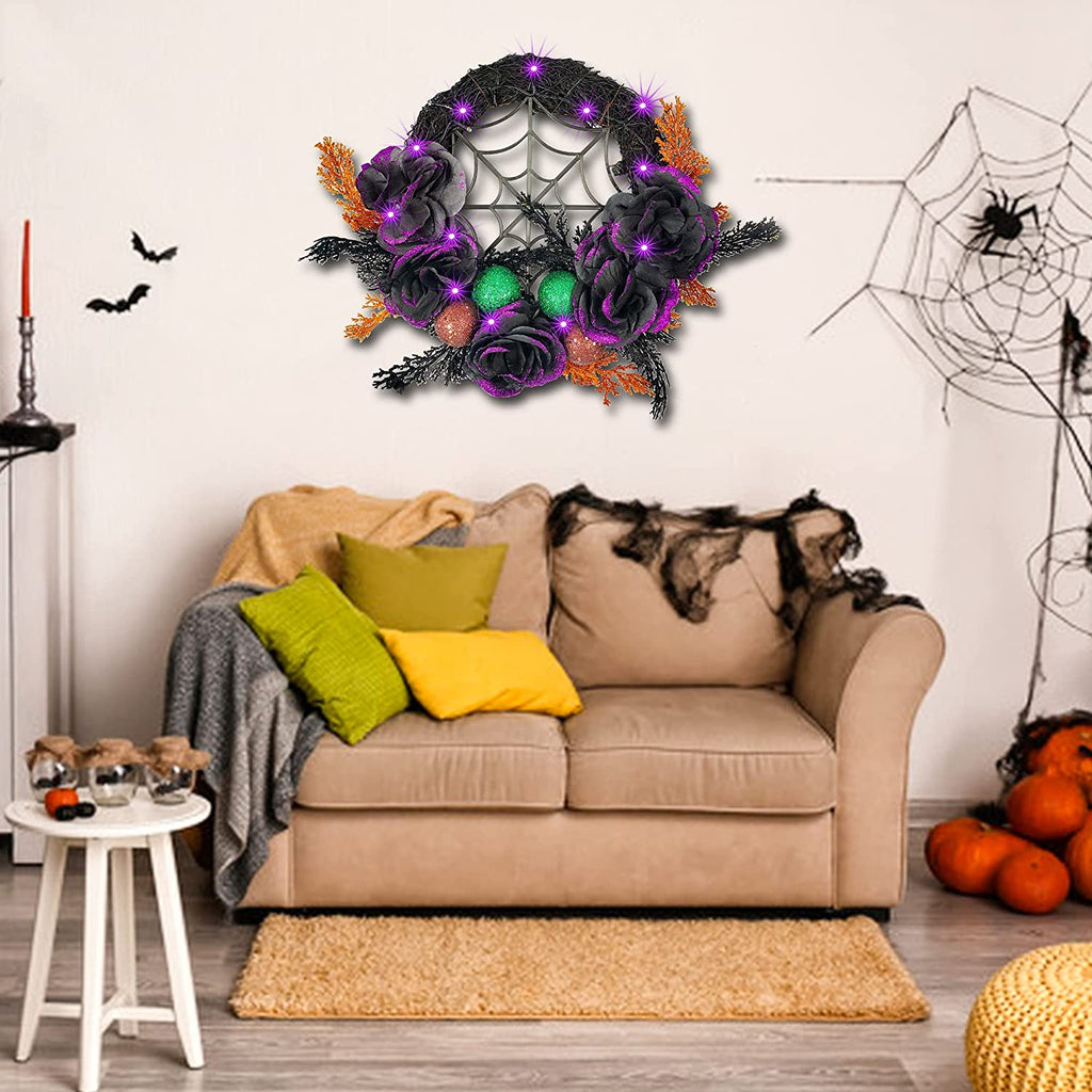 Prociv 20 LED Halloween Wreaths for Front Door, Pre-Lit Artificial Purple Halloween Lights Wreath for Home Door Wall Decorations 17.7"