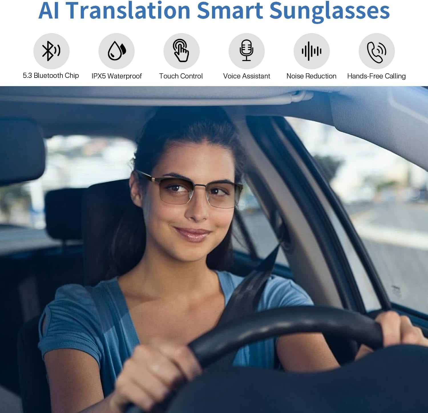 Wiher Smart Glasses with AI Translation, Bluetooth Audio Sunglasses with Photochromic Lenses, Voice Assistant, Real-Time Translation, Supports 144+ Languages, Great for Business, Travel Silver