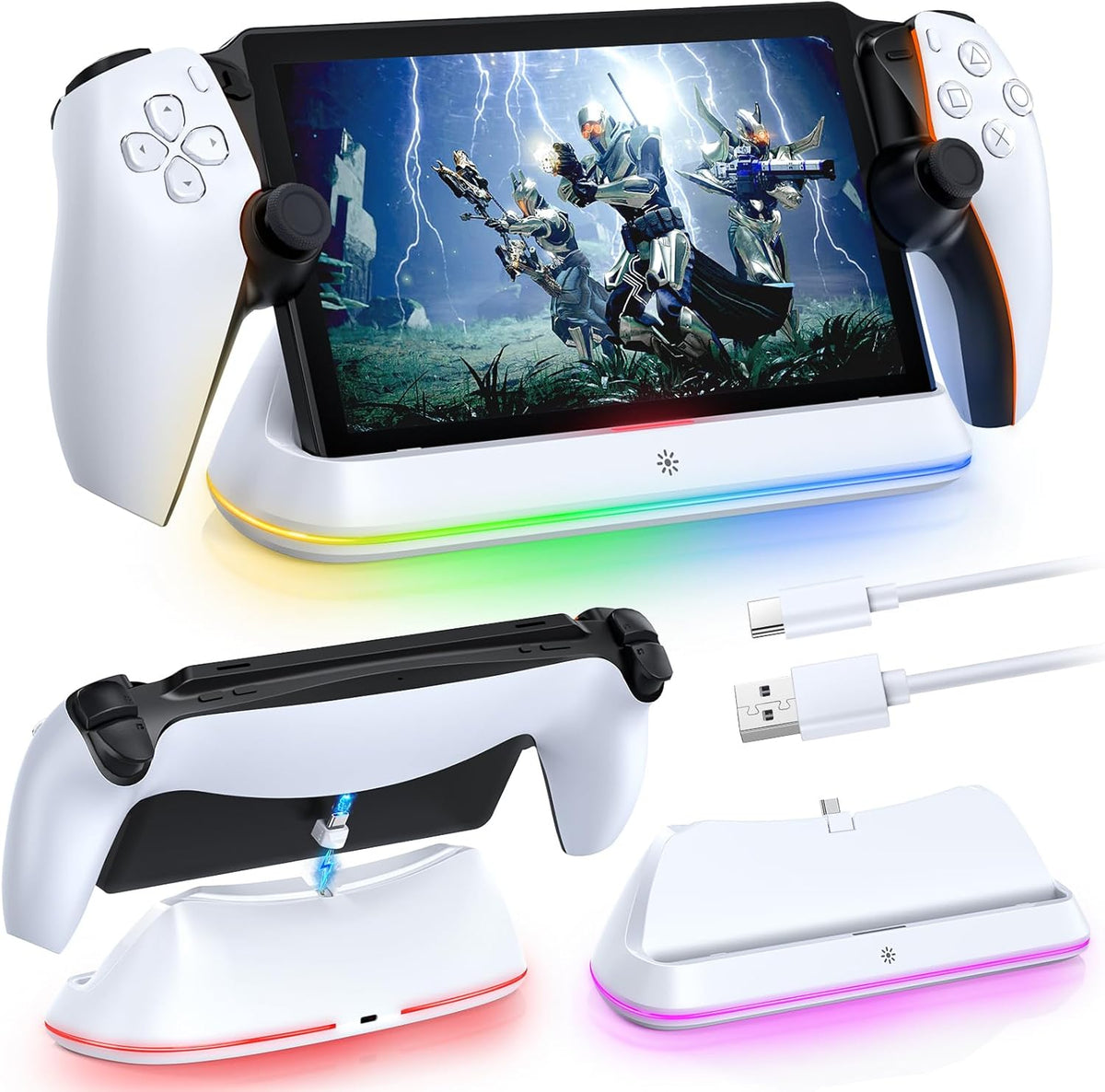 Charging Stand for PlayStation Portal, Enhanced Stability Charger Dock or Station with On/Off RGB Light and Type-C Cable, Pogo Pin Adapter and 30° Comfort Angle Design for PS Portal (White)