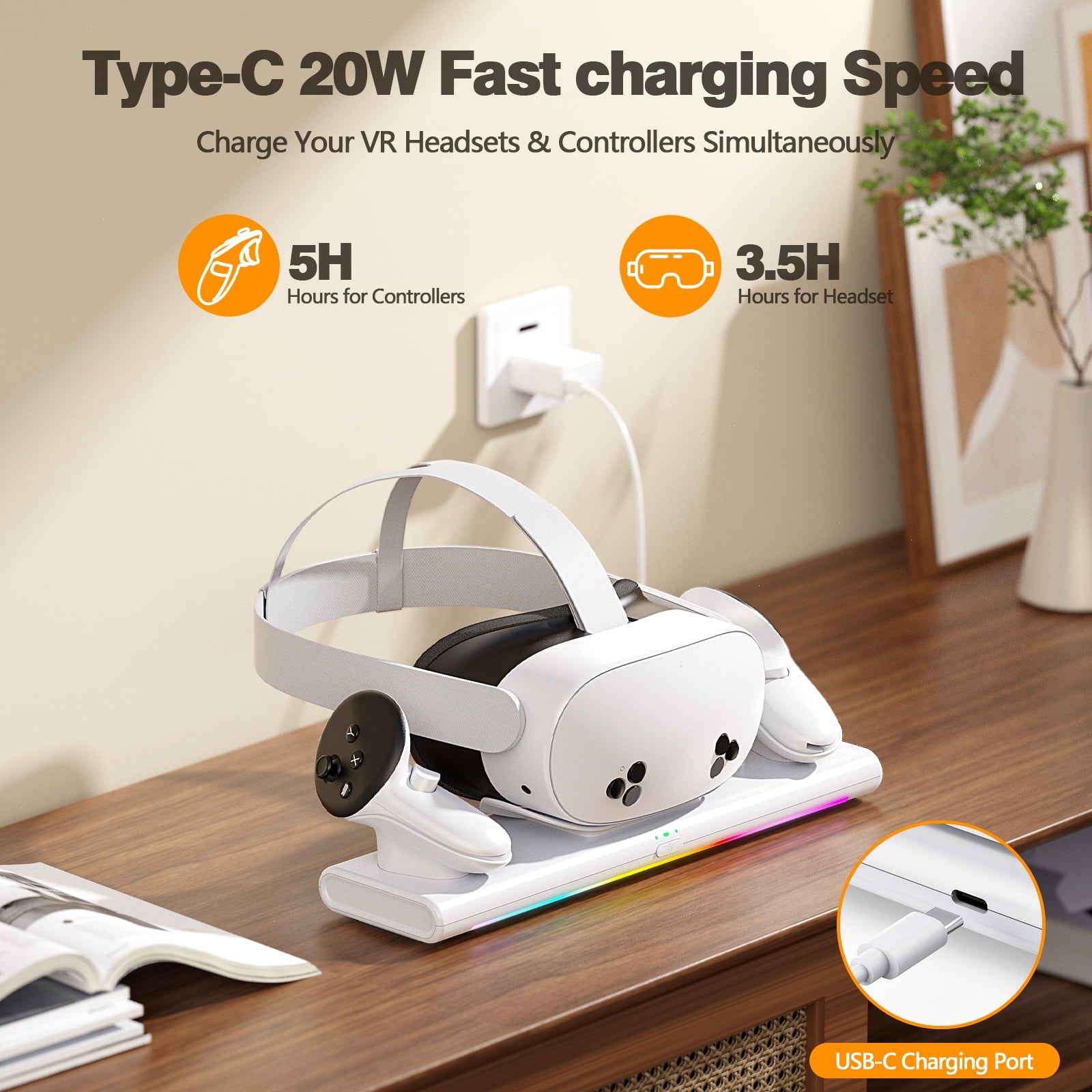 VR Charging Dock for Meta Quest 3S/Quest 3/Quest 2, Magnetic Charging Station for Oculus Quest 3 VR Headset & Controllers, with 2 Rechargeable 2100mAh Batteries, Supports LED Indicator,White