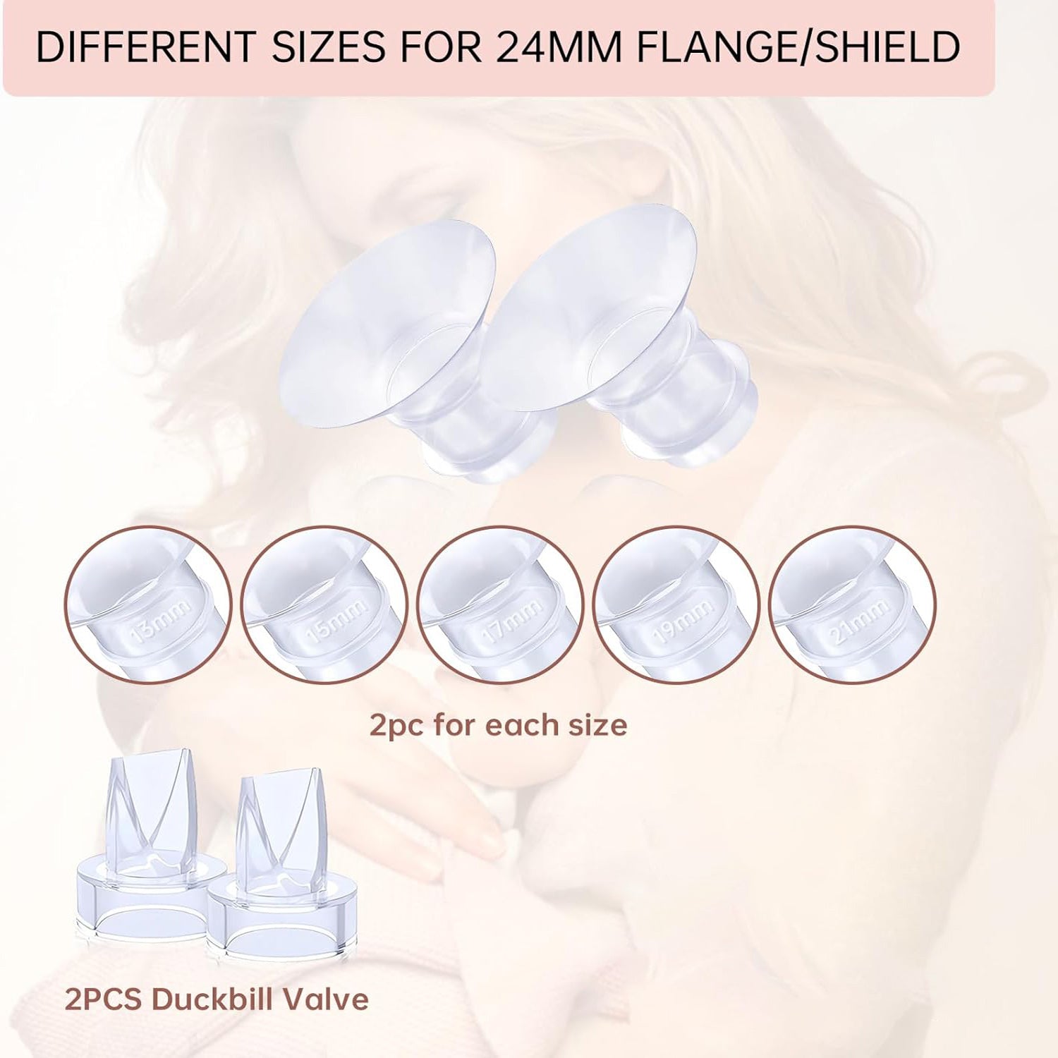 Prociv 14Pcs Flange Inserts 13/15/17/19/21mm Compatible with Momcozy S12/S12pro/S9/S9 Pro, for TSRETE/Spectra/Medela 24mm Shield/Flange, Including Duckbill Valve & Silicone Diaphragm