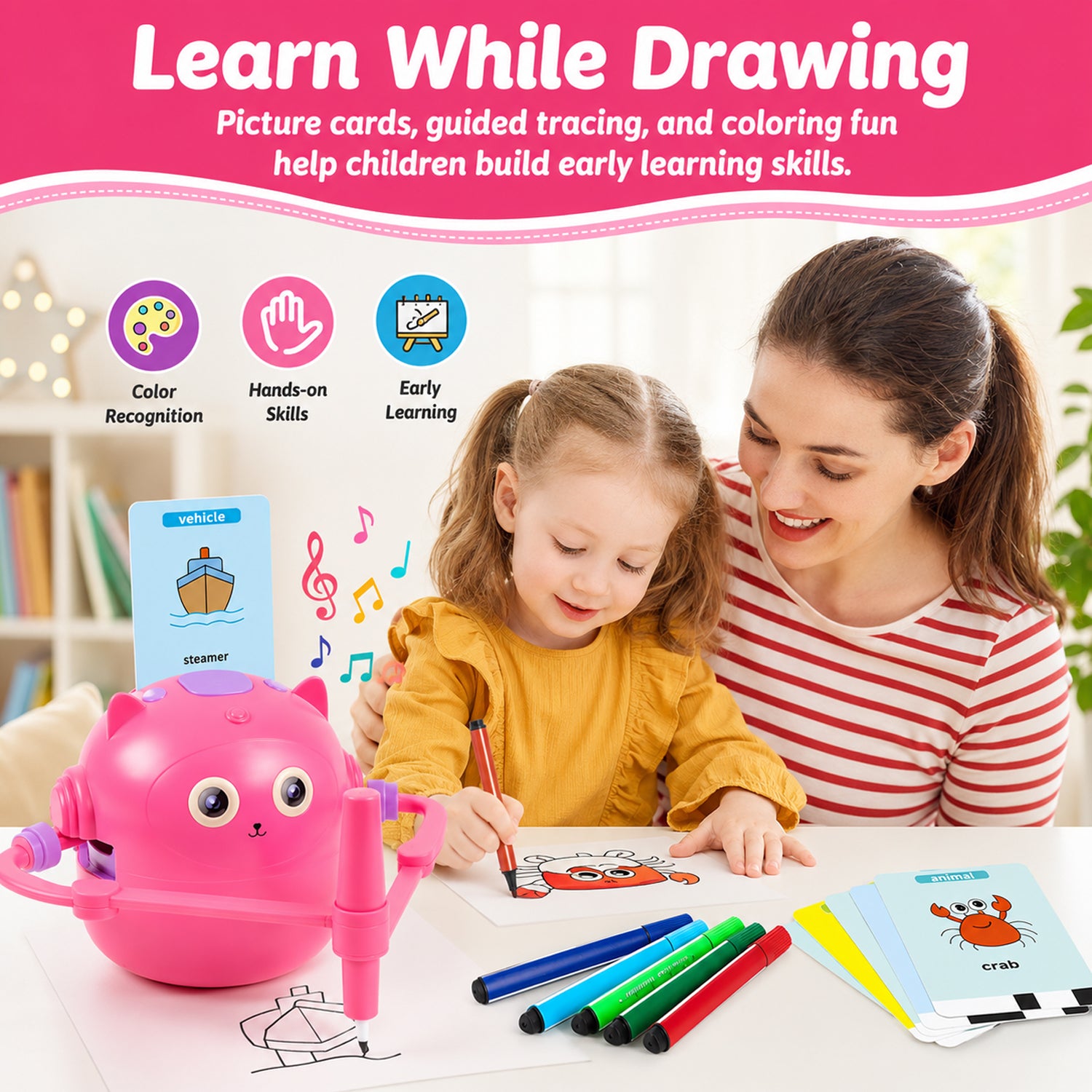 Drawing Robot for Kids, Interactive Educational Drawing Robot with Voice Interaction, Magic Painting Robot Toy with 100 Word Cards & 16 Color Pens for Girls and Boys Age 3+ (Pink)