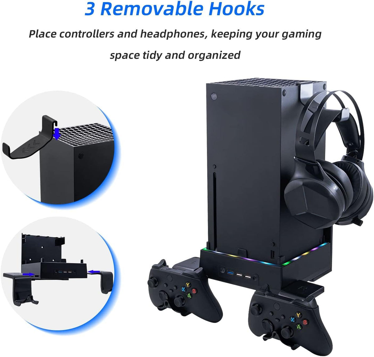Wiher LED Cooling Stand for Xbox Series X 3-Level Adjustable Dual Cooling Fan Cooler RGB Wall Mount Cooling Station with Controller & Headphone Holder for Xbox Series X