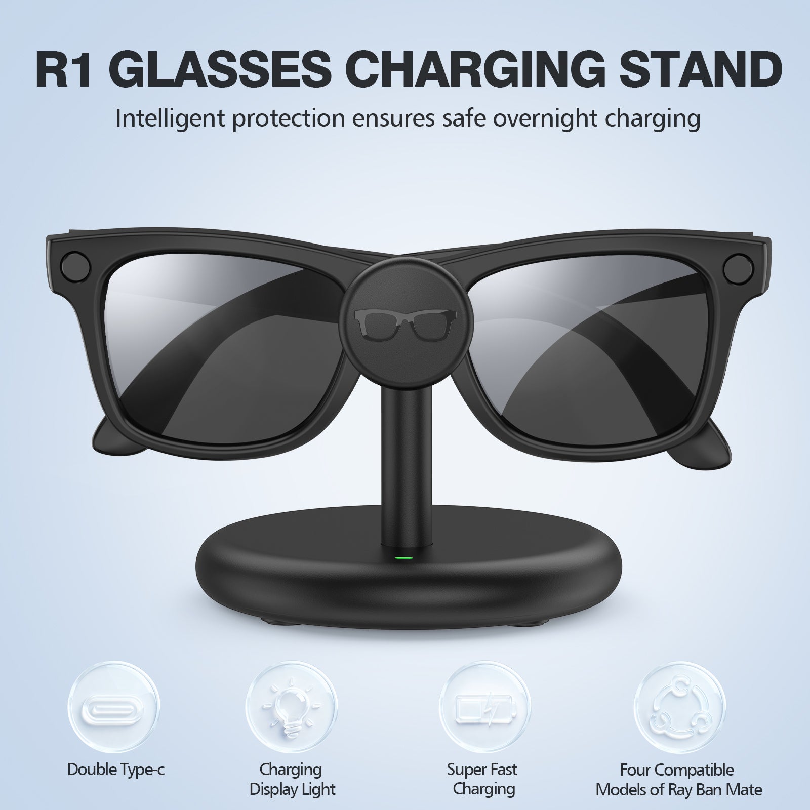 Charging Station for Meta Wayfarer/Skyler/Headliner, Portable Charging Dock Compatible with Oakley Meta HSTN, Travel Charging Stand with Cable, LED Indicator,Black