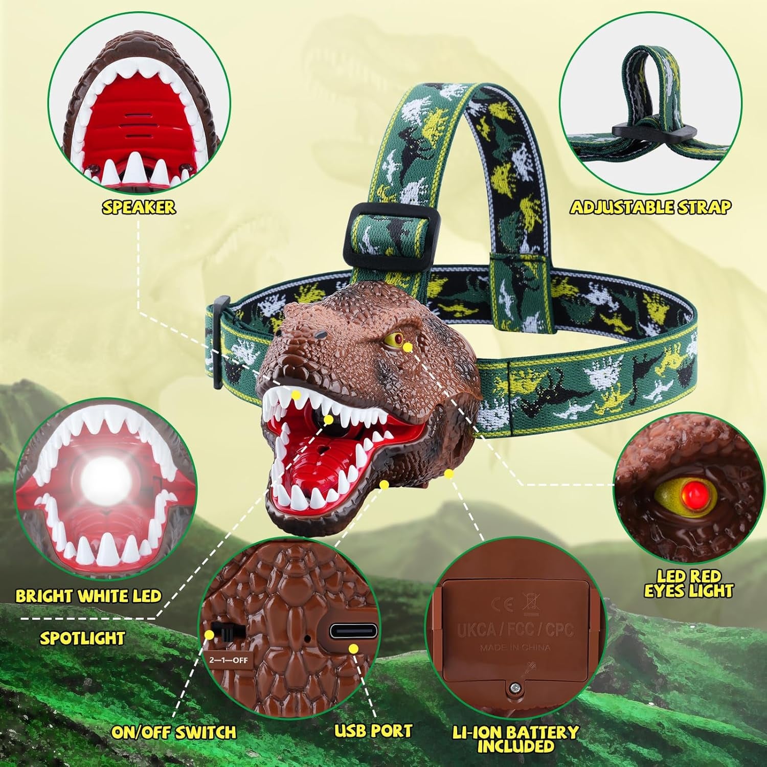 Kids Headlamp, Dinosaur LED Rechargeable Headlamp for Kids Rechargeable Led Headlights Roar & Silent Mode, T-Rex Dinosaur Toys for Kids 3-8, Camping Gear, Christmas Gifts for Boys Girls Adults