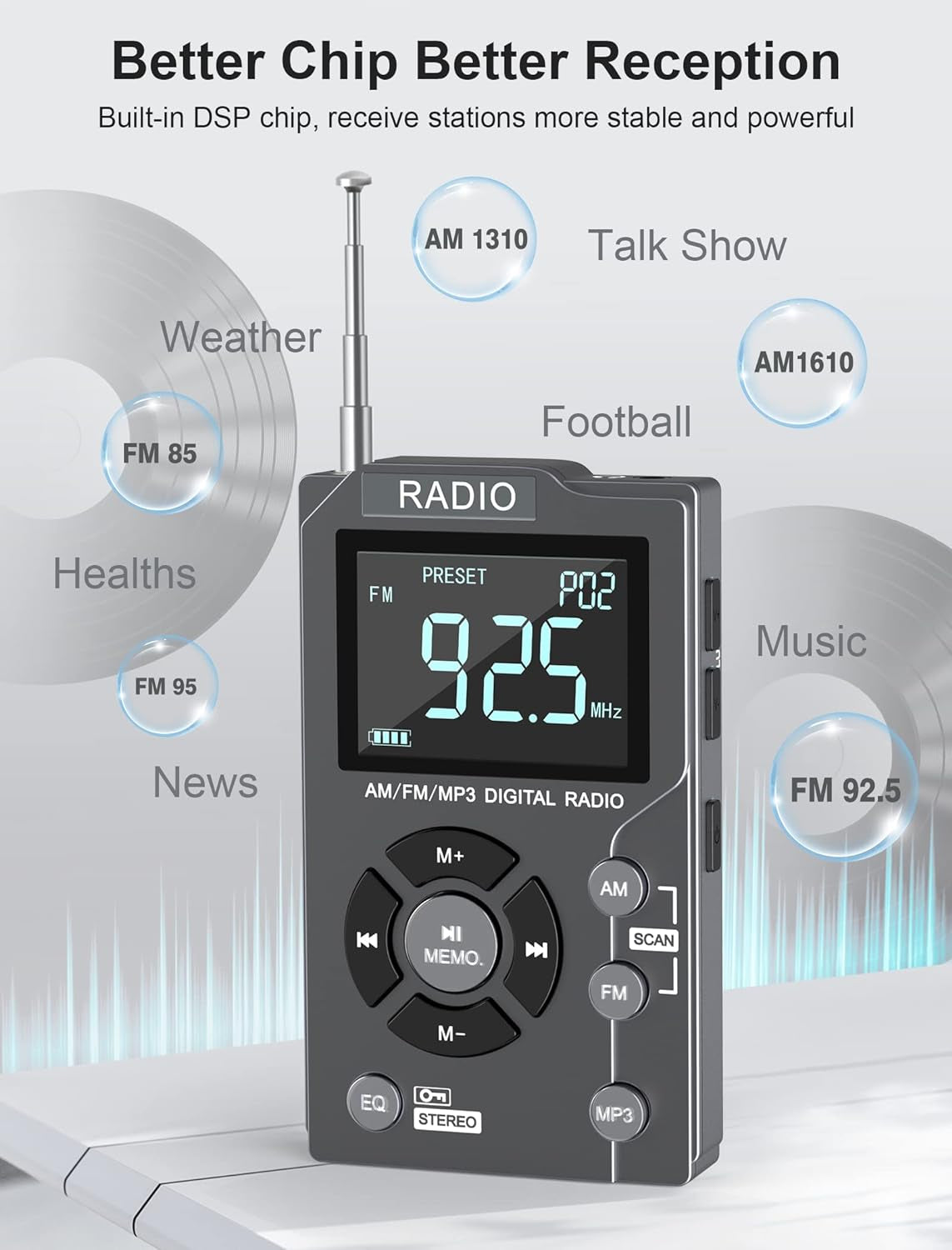 Wiher Digital AM FM Radio Portable Pocket Radio with Best Reception,600 mAh Rechargeable Walkman Radio with Stereo Earphone,Personal Radio Support TF Card,Large LCD Screen and Lock Screen