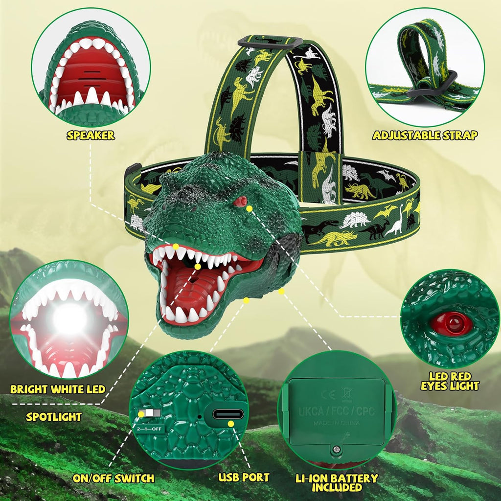 Kids Headlamp, Dinosaur LED Rechargeable Headlamp for Kids Rechargeable Led Headlights Roar & Silent Mode, T-Rex Dinosaur Toys for Kids 3-8, Camping Gear, Christmas Gifts for Boys Girls Adults