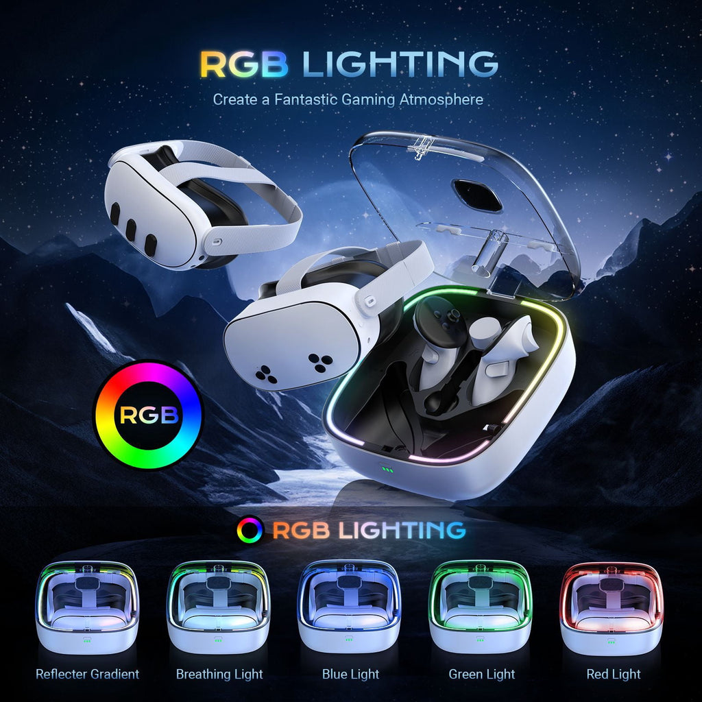 Portable Charging Storage Case for Meta Quest 3/Quest 3S with RGB LED Light, Charging Dock for Quest 3 Accessories, Magnetic Charging Station for Meta Quest 3 VR Headset with 2 Batteries
