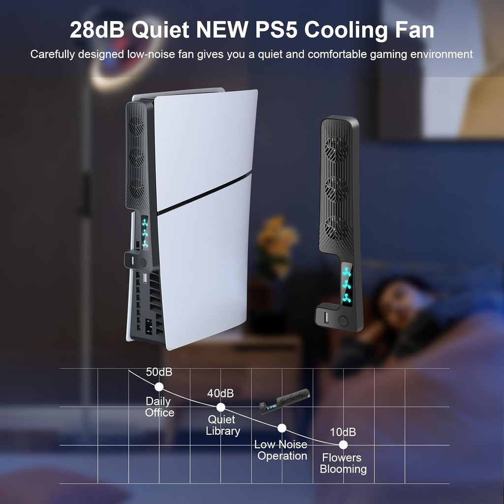 PS5 Slim Cooling Fan, Prociv New Playstation 5 Slim Console Accessories Cooler with USB Port and 3 Adjustable Quiet 9500-Speed Fans, PS5 Slim Digital/Disc Edition System Black