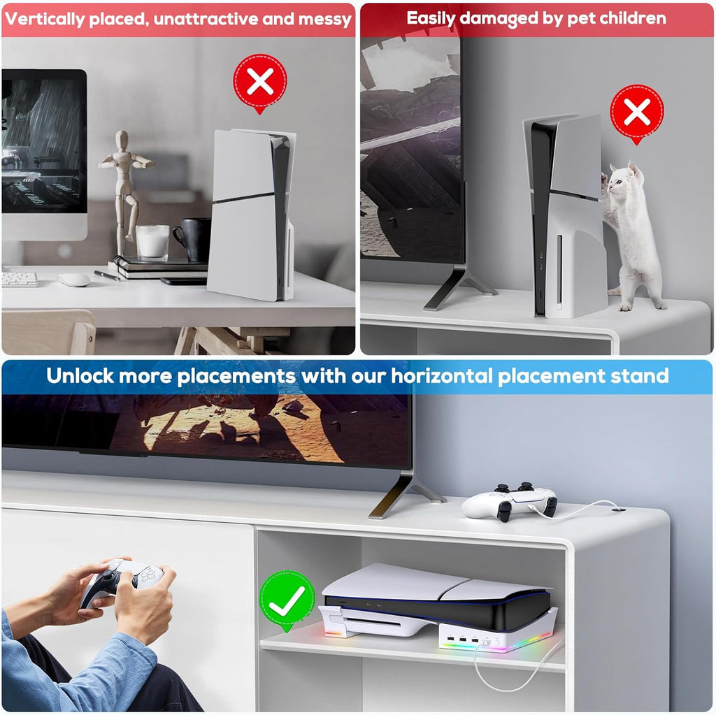 RGB Horizontal Stand for PS5 Pro / Slim Console Accessories with 14 Light Mode and 4 USB Hubs, Side Stand for Playstation 5 Pro / Slim Disc & Digital, Base Holder with Fast Charging, White