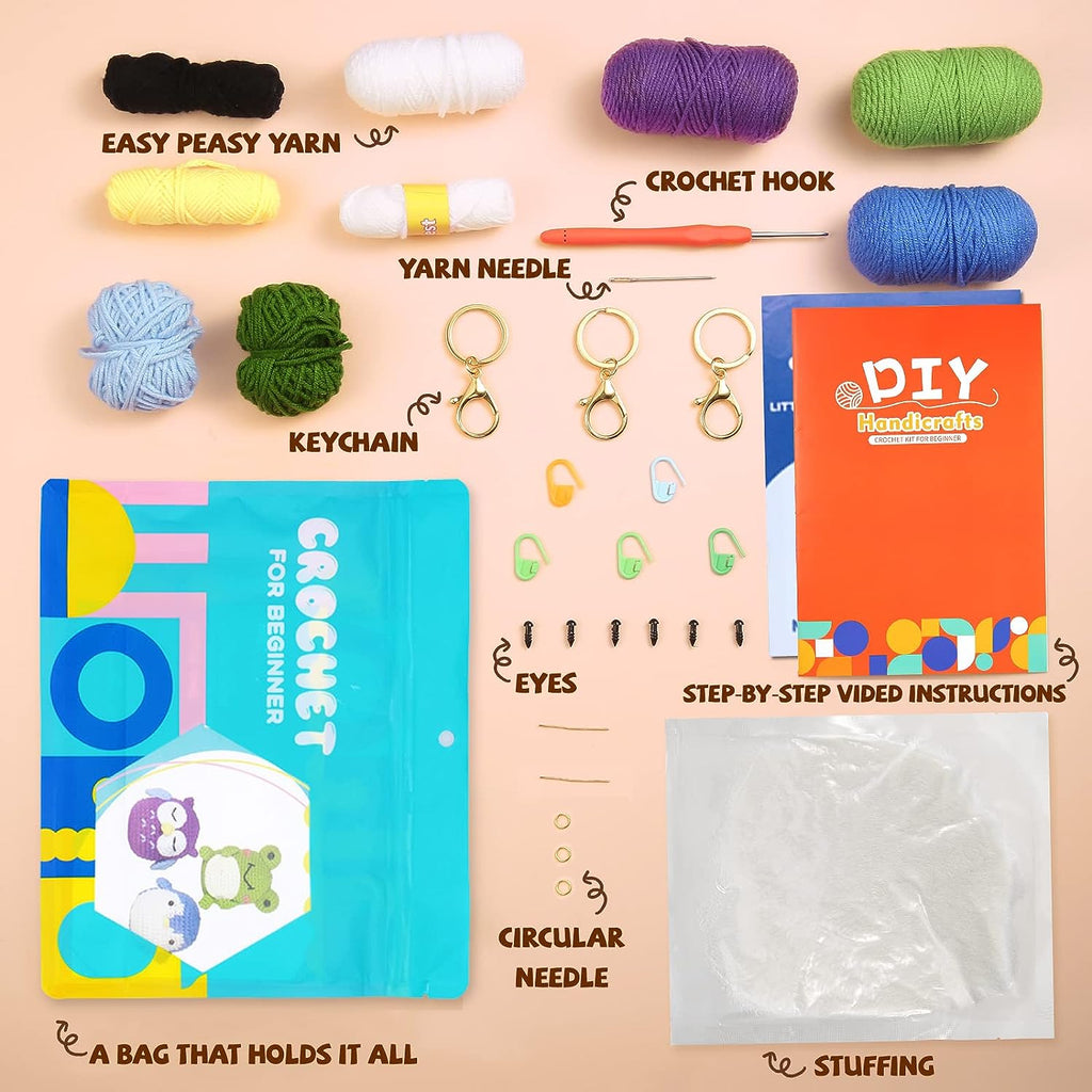 Wiher Crochet Kit for Beginners, Crochet Starter Kit for Adults and Kids Complete Knitting Kit to Make 3 PCS Animals, Learn to Crochet with Step-by-Step Instruction and Video (Penguin+Frog+Owl)