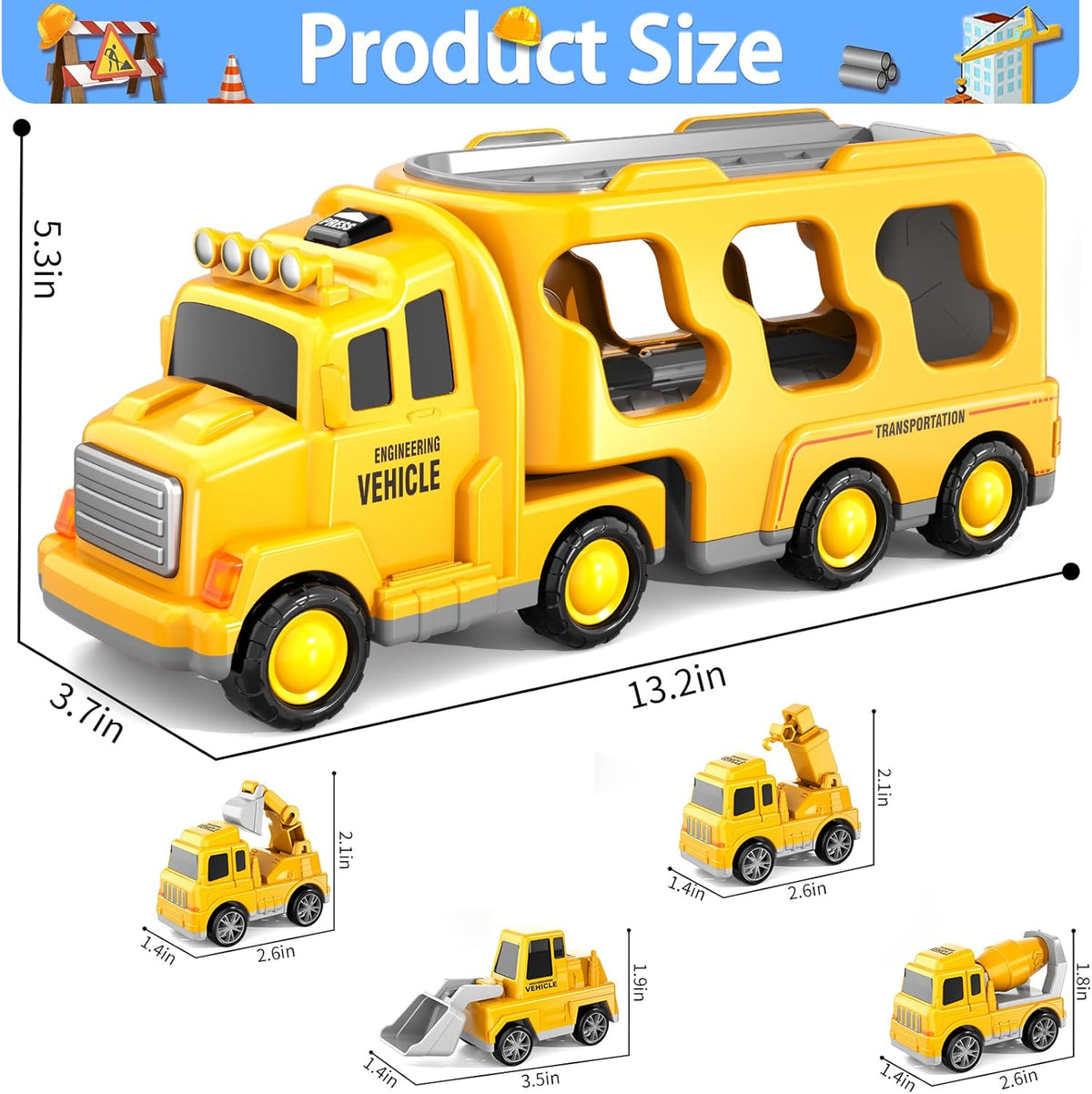 LC-dolida 5 in 1 Construction Car Carrier Truck Toys for 3 4 5 6 Year Old Boys, Friction Power Cars with Excavator,Bulldozer,Crane,Cement tanker, Christmas Birthday Boys for Boys Age 3-9