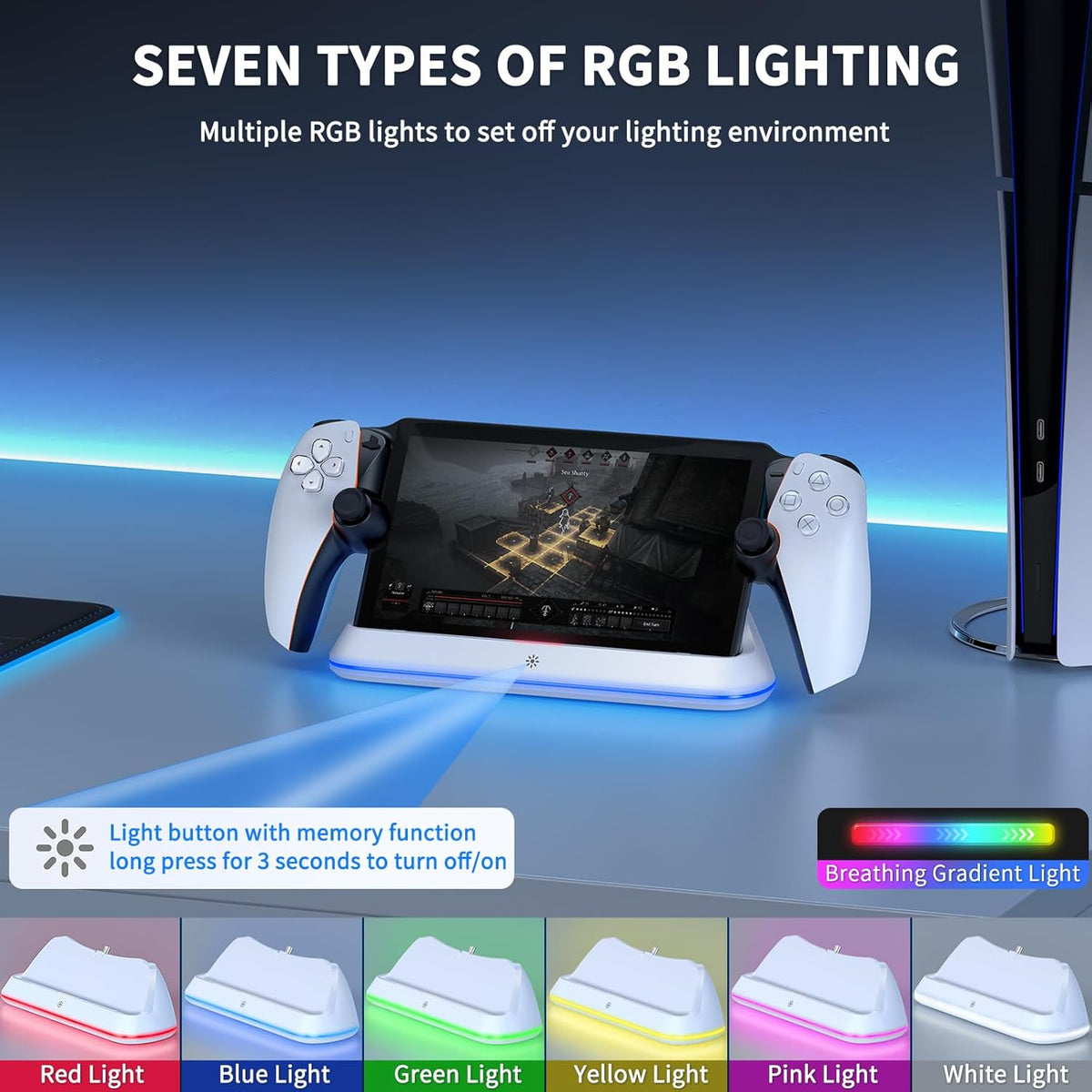 Charging Stand for PlayStation Portal, Enhanced Stability Charger Dock or Station with On/Off RGB Light and Type-C Cable, Pogo Pin Adapter and 30° Comfort Angle Design for PS Portal (White)