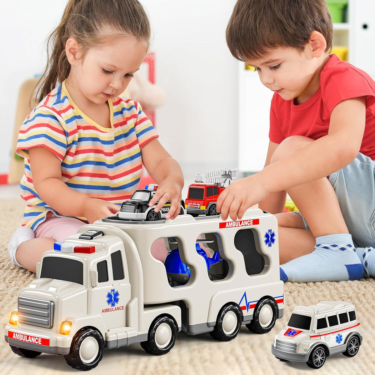 5 in 1 Emergency Rescue Vehicle Carrier Truck Toys for 3-6 Year Old Boys, Friction Power Cars with Rescue Helicopter, Police Car, Fire Truck, Ambulance Car, Christmas Birthday Gifts for Girls Age 3-9