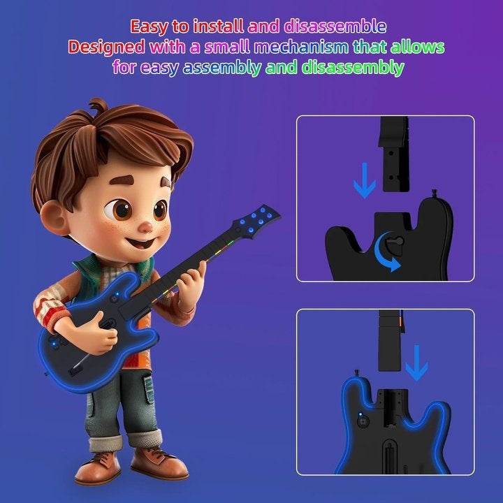 Wireless Guitar Controller Compatible with P S4/P S3/PC, Wireless Guitar Remote with Strap/RGB Light for Guitar Hero,Rock Band Games,Sleek Black