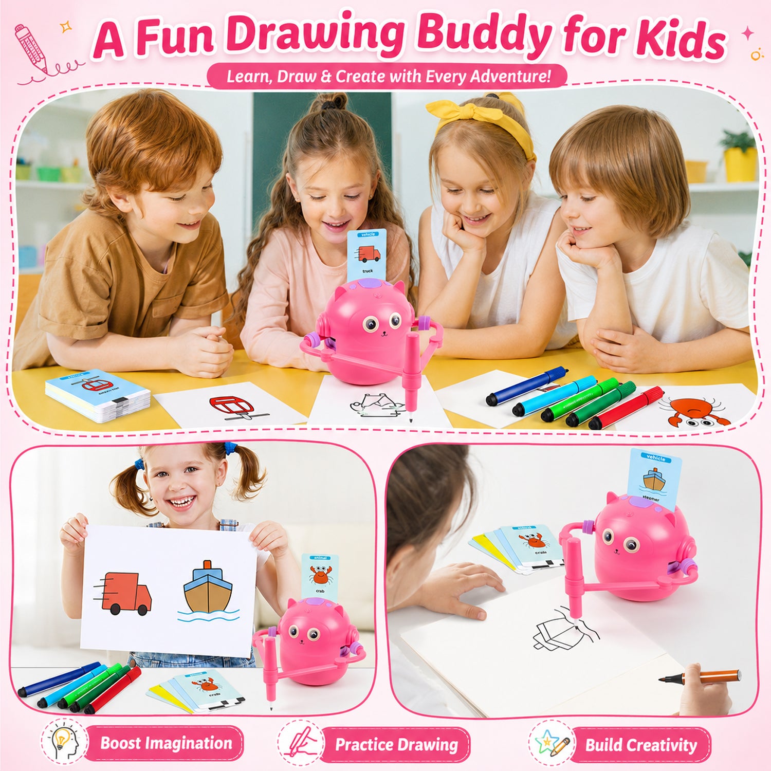 Drawing Robot for Kids, Interactive Educational Drawing Robot with Voice Interaction, Magic Painting Robot Toy with 100 Word Cards & 16 Color Pens for Girls and Boys Age 3+ (Pink)