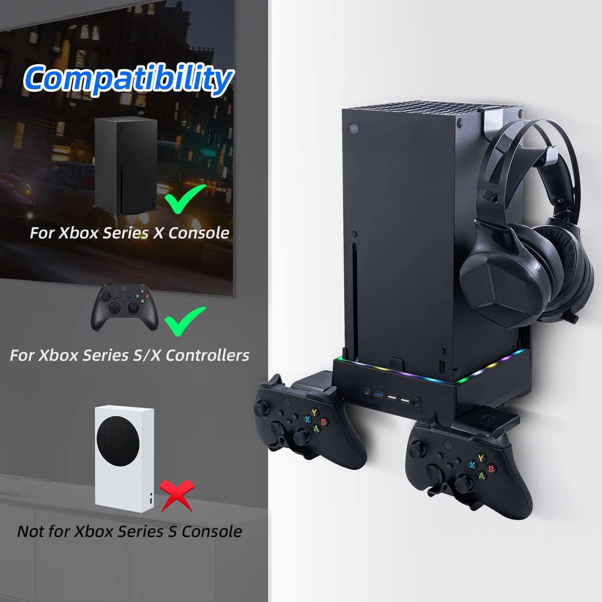 Wiher LED Cooling Stand for Xbox Series X 3-Level Adjustable Dual Cooling Fan Cooler RGB Wall Mount Cooling Station with Controller & Headphone Holder for Xbox Series X