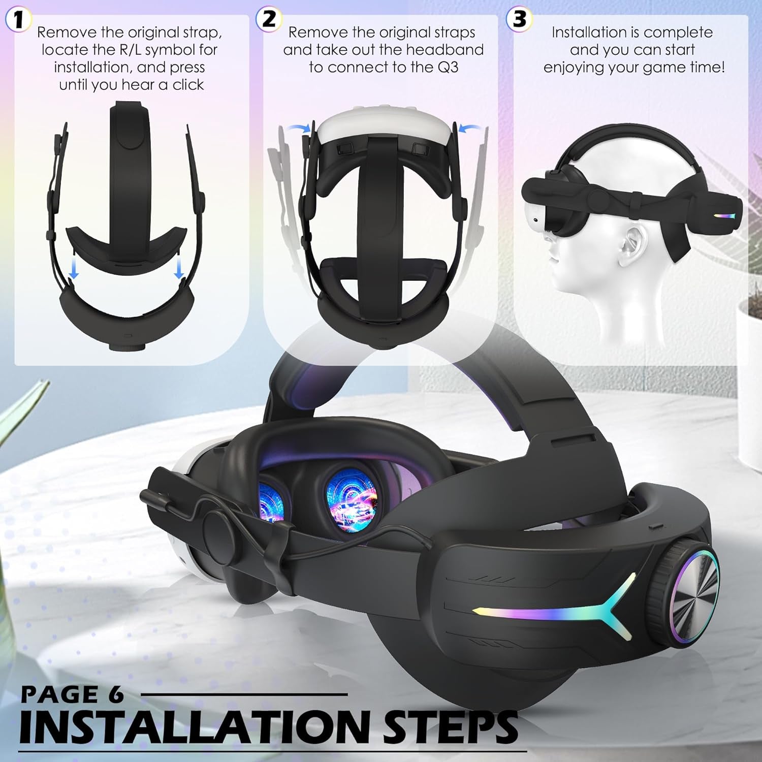 RGB Comfort Battery Head Strap 8000mAh Compatible with Meta Quest 3/Quest 3S Accessories, Battery Pack Elite Strap Replacement for Enhanced Support and Extend Playtime in VR Black
