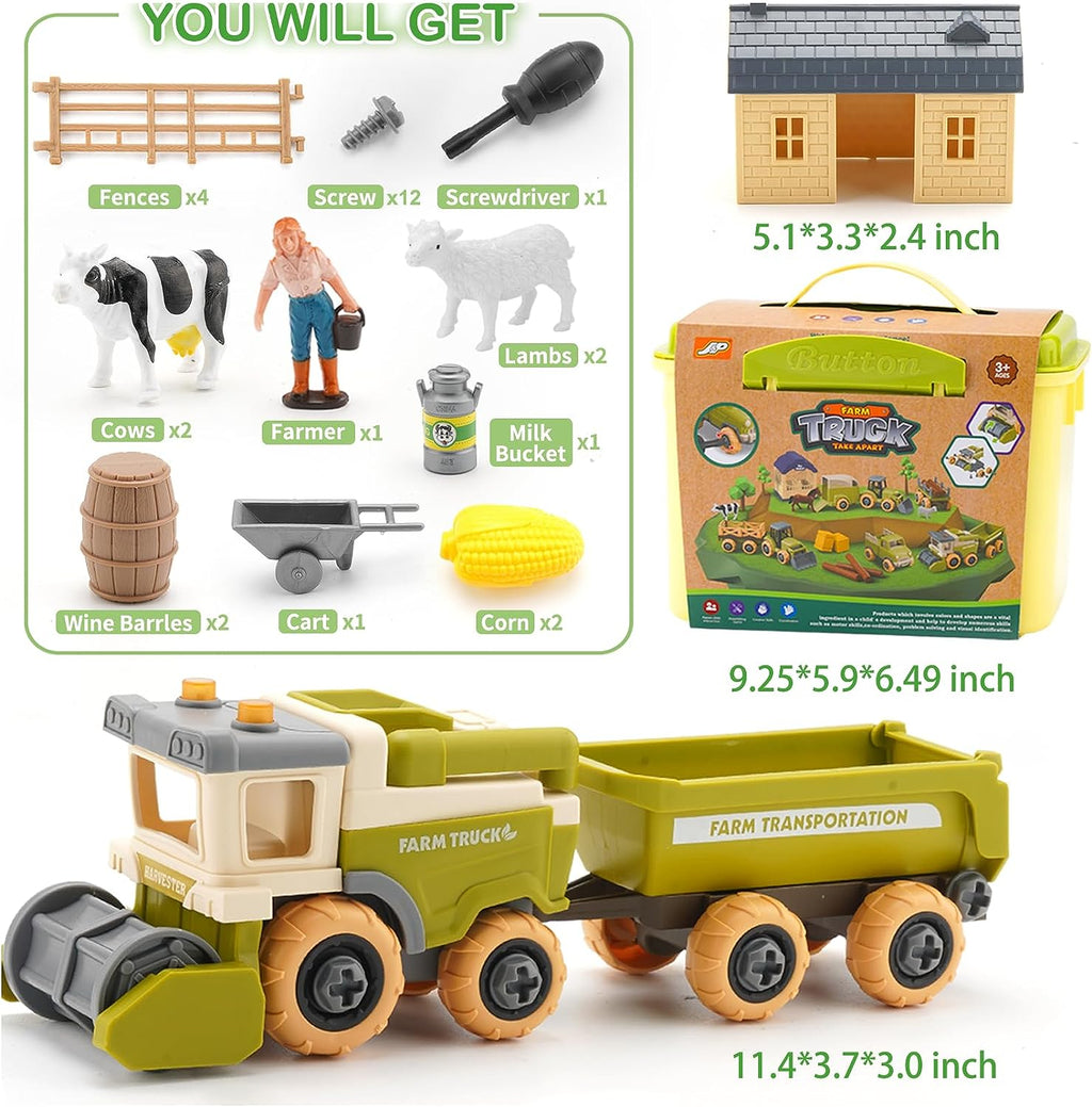 Toddler Toys Farm Animal Toys for 3 4 5 Year Old Boys Girls - Take Apart Vehicle Combine Harvester with Trailer for Kids Age 1-3 3-5, Educational Pretend Toys Playsets Christmas Birthday Gifts
