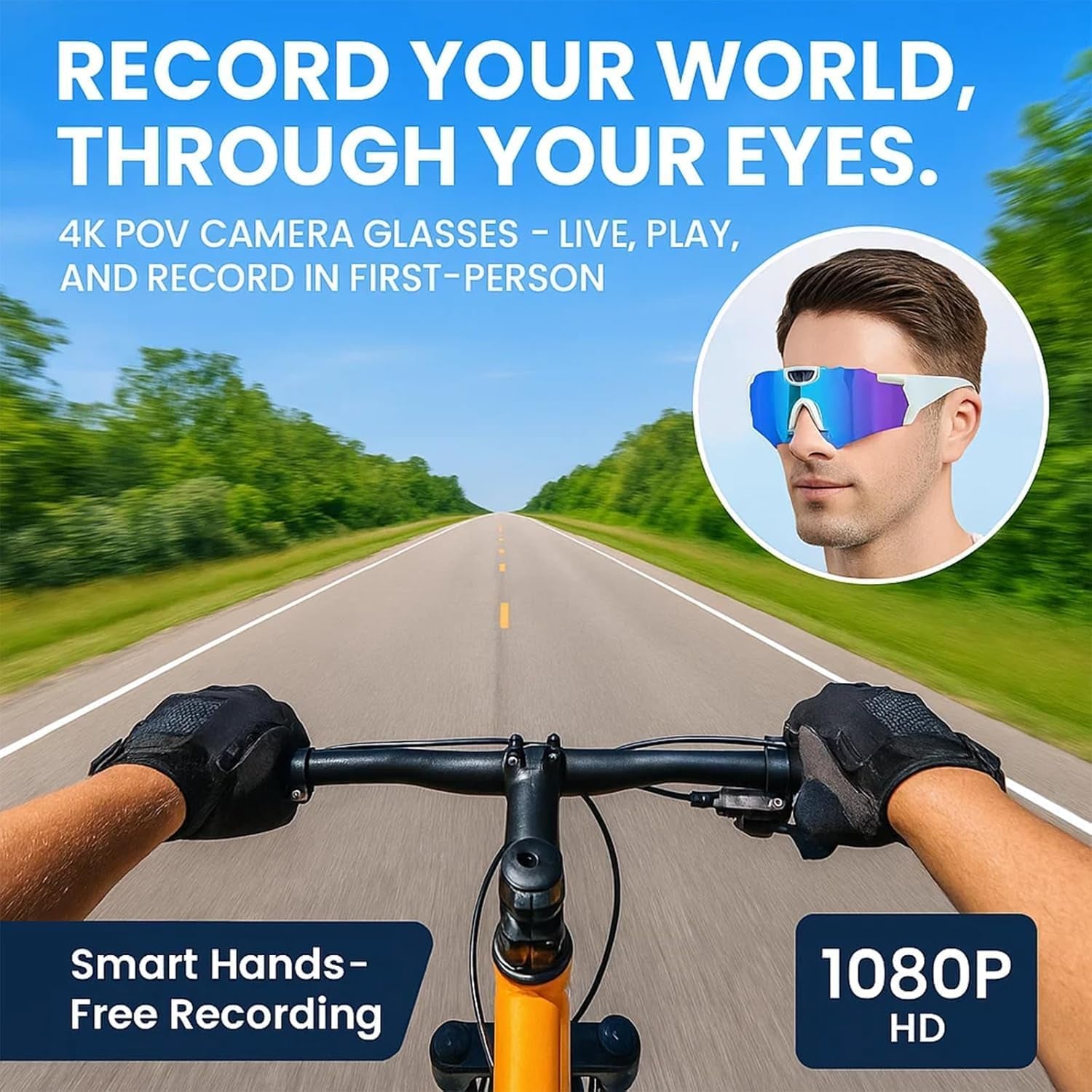 Wiher Smart Camera Glasses, 4k POV Sports Glasses HD Recording Video, Cycling Action Sunglasses, Wearable Audio Take a Picture Wireless Photography Shooting VCR，Suitable for Men and Women(Blue)