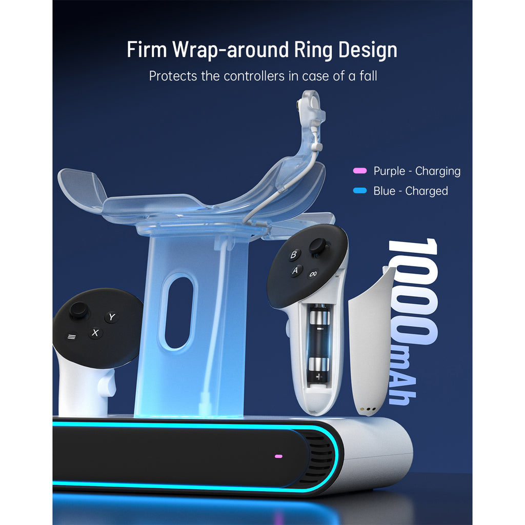 VR Charging Dock for Meta Quest 3/Quest 3S, Fast Charging Station with RGB 2 Rechargeable Batteries for Oculus Quest 3 Accessories, VR Headset Holder Stand & Controller Mount