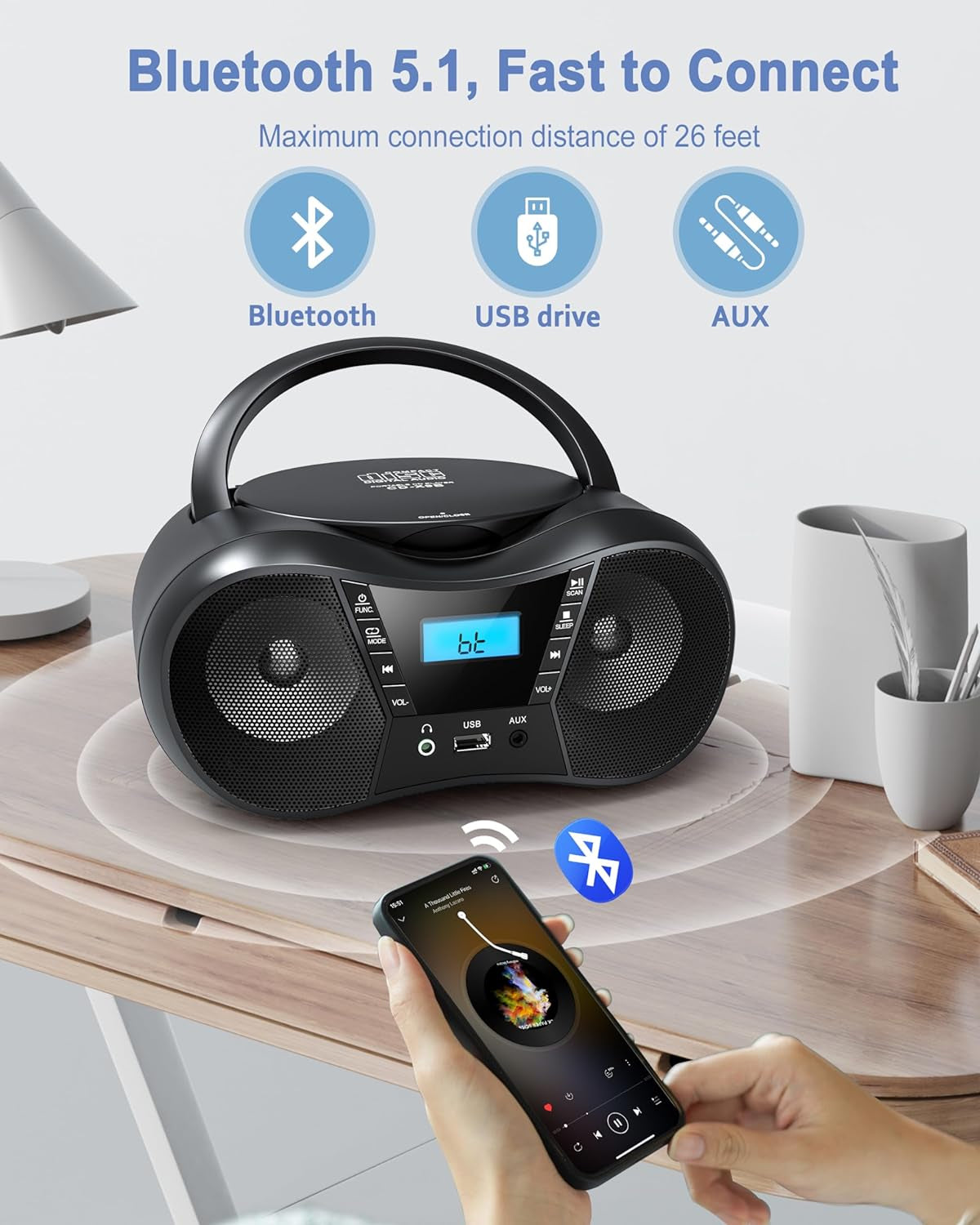 Prociv CD Player Boombox with FM Radio,Bluetooth 5.1,Clear Sound,LCD Display,USB/AUX Input,AC/Battery Powered,CD/CD-R/CD-RW Compatible,3.5mm Headphone Jack,Sleep Timer for Home,Seniors,Kids Black